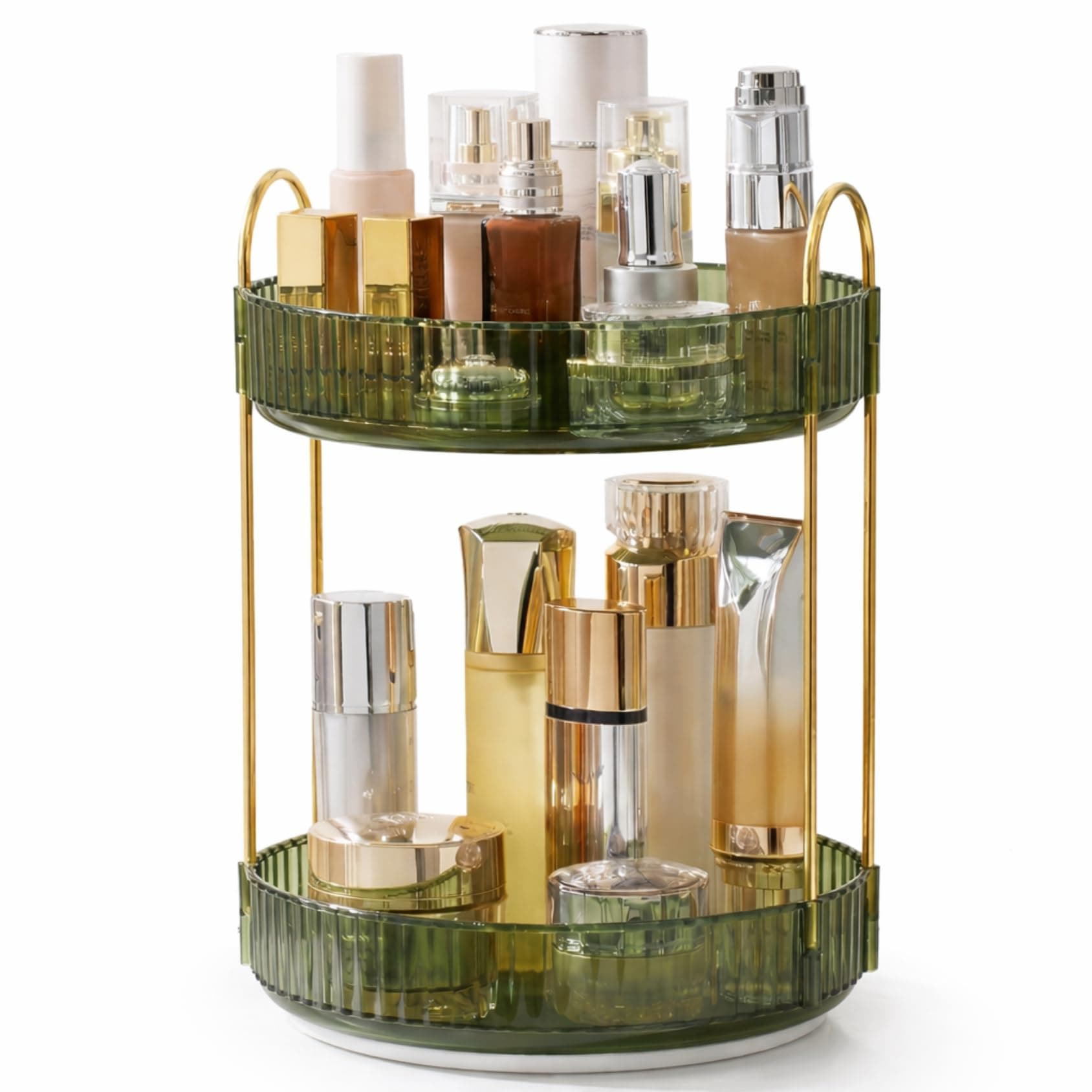 360° Rotating Makeup Organizer Box - Cosmetic Storage with Drawers, Plastic Makeup Holder Stand for Dressing Table, Lipsticks, Nail Polishes & Accessories (Gem Green, 2 Layer)