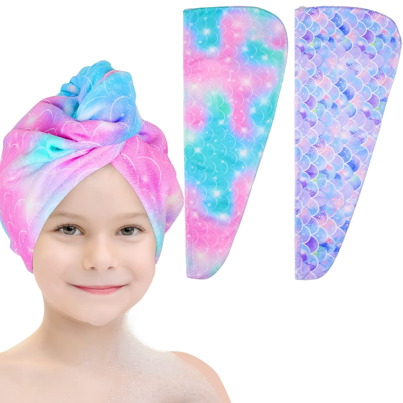 Basumee Microfiber Hair Towel Wrap for Kids 2 Pack Rapid Drying Hair Towel with Button Hair Turbans for Wet Hair Wraps Head Towel Wrap for Women and Girls, Light Mermaid