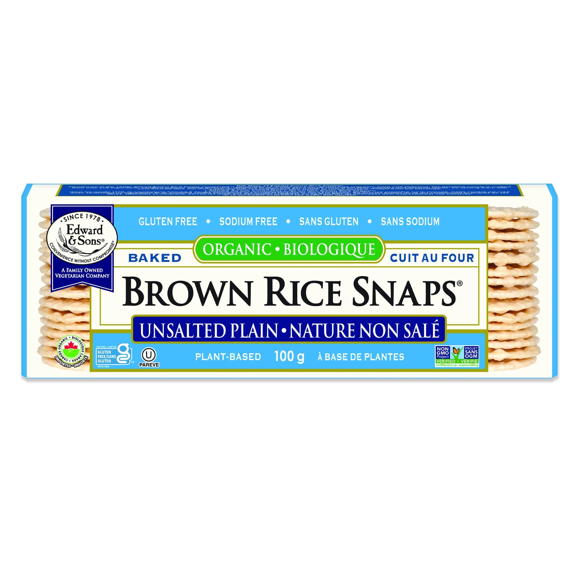 Edward & Sons Organic Unsalted Plain Brown Rice Snaps - Oven Baked, Whole Grain, Gluten Free, No Added Oils, Non-GMO Project Verified, USDA Organic - 3.5 Oz (Pack of 12)