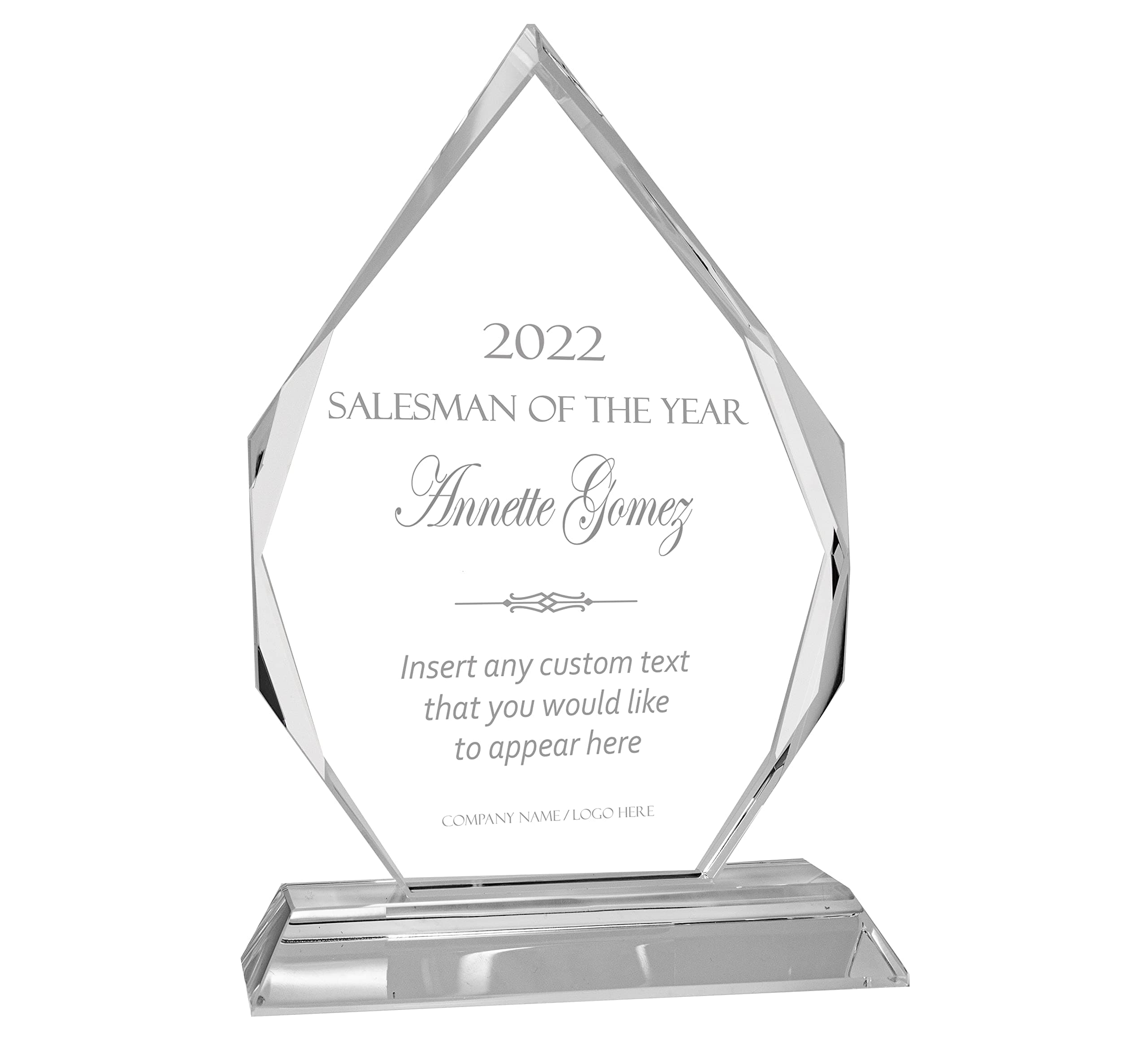 Personalized 7" Crystal Diamond Award with Text and Logo Upload, Custom Engraved Glass Award for Employee Appreciation, Recognition, Retirement and More