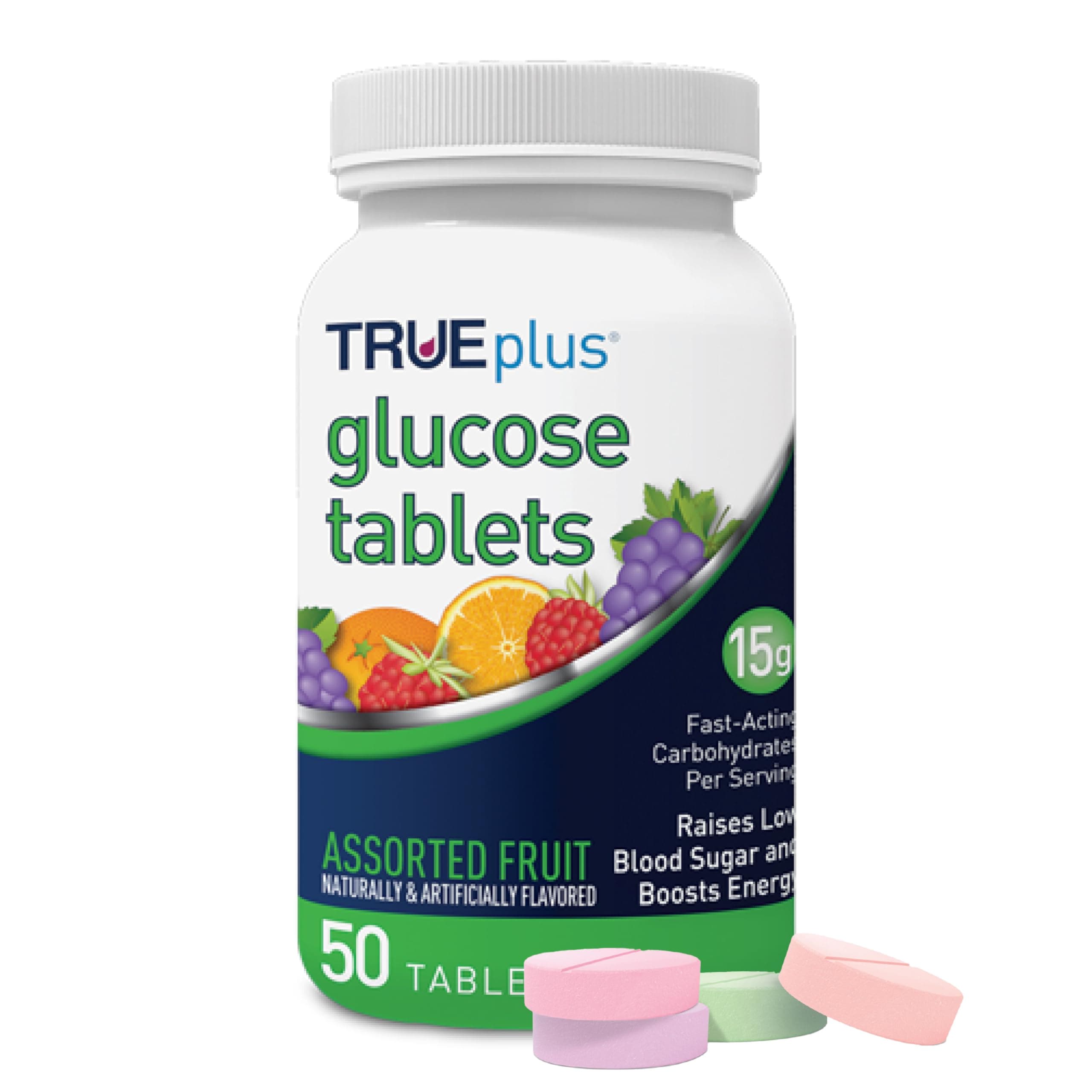 TRUEplus® Glucose Tablets, Assorted Flavor (Grape, Raspberry, Orange) - 50ct Bottle (1)