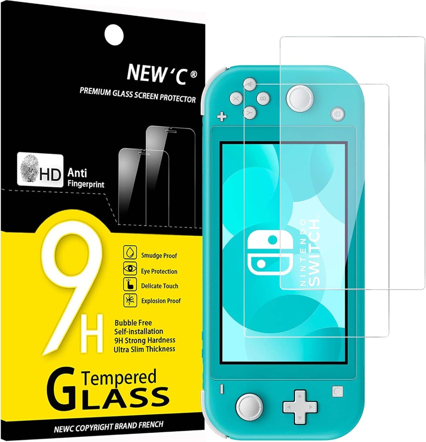 NEW'C Pack of 2 for Nintendo Switch Lite for Tempered Glass, Scratch Free, 9H Hardness, HD Screen Protector, 0.33 mm Ultra Clear, Ultra Resistant
