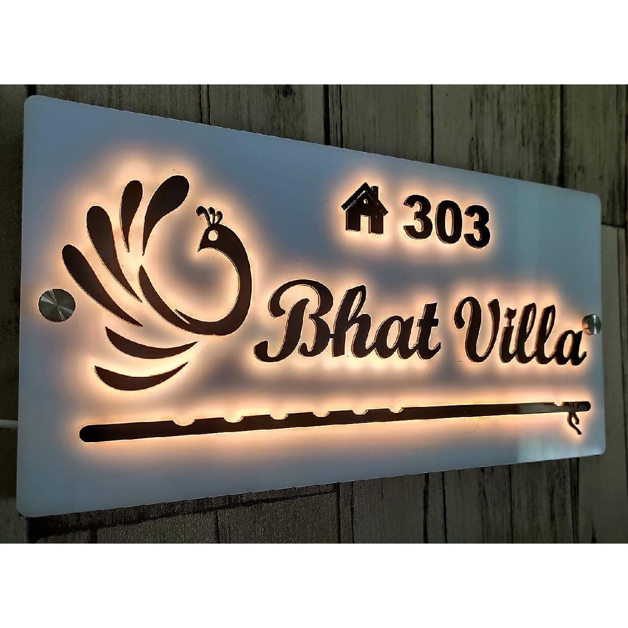 SIGNOOGLE® Customised Peacock Design LED Name Board Plate For Home Entrance Office Shop (L x H 12 x 6 Inch)