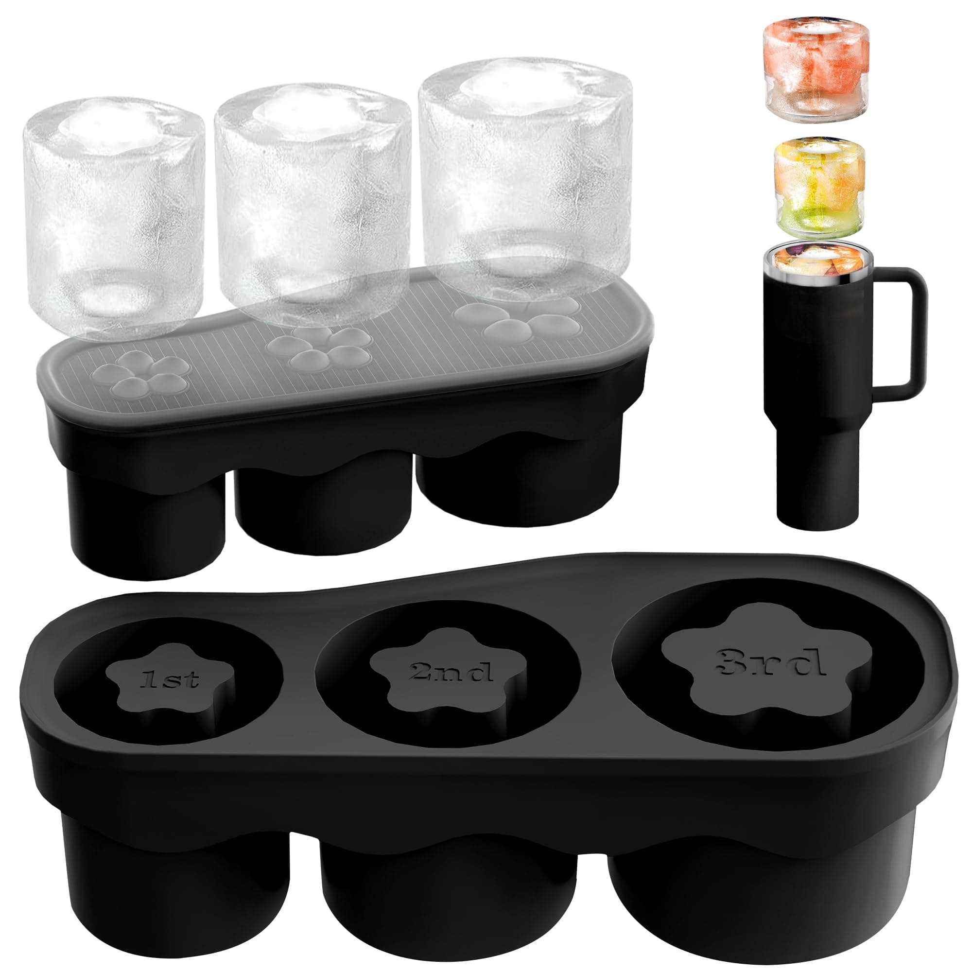 Ice Cube Tray for Tumbler Cup 20-40 Oz, 3 Sizes Silicone Cylinder Ice Mold with Lid for Freezer, Easy Fill and Release Ice Cube Maker for Drinks, Coffee, Whiskey, Cocktail (Black)