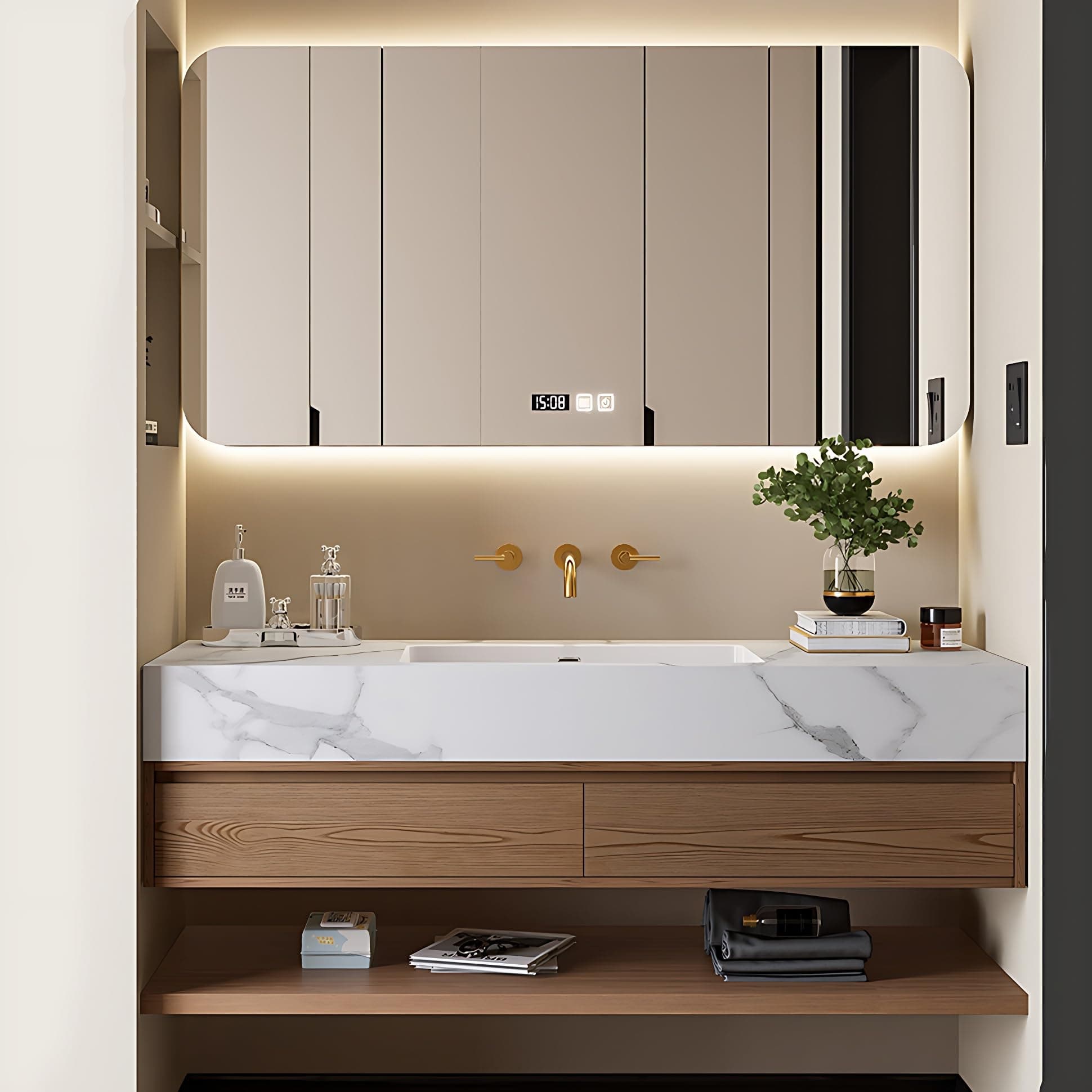 Floating Bathroom Vanity with Sink - Modern Bathroom Vanity | Includes Smart Defogging Medicine Cabinet | Multi-Layer Solid Wood | Wall Mount (Yellow, 76 in)