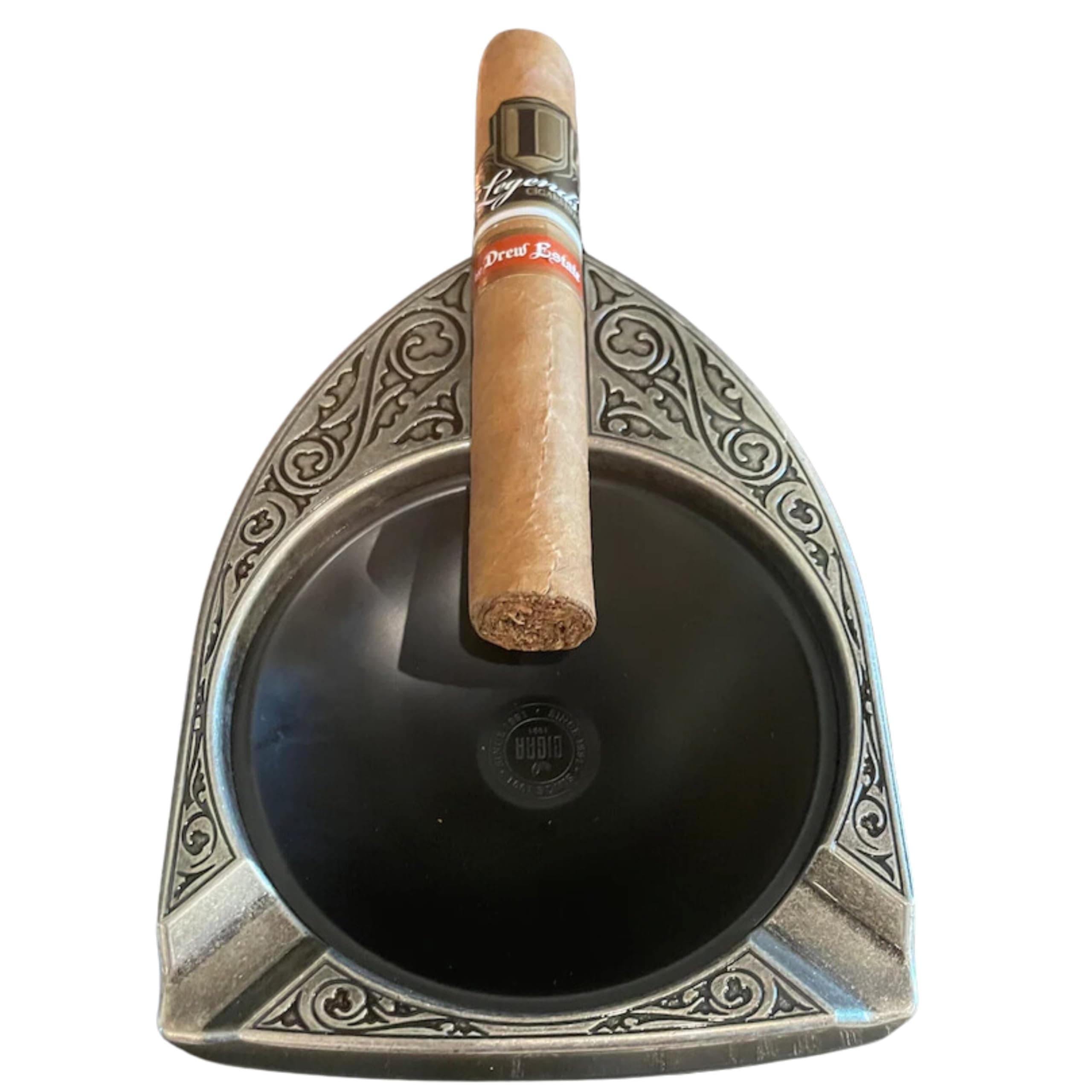 Antique Silver Shield 3-Finger Cigar Ashtray - Elegant Embossed Design, Durable Zinc Alloy Metal, Standerd, 0017A