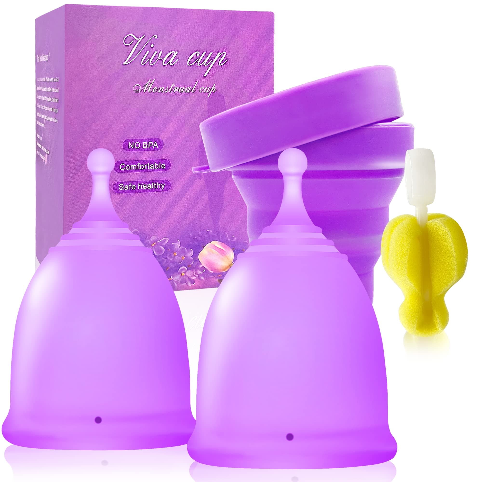 Menstrual Cups Set of 2 with Silicone Foldable Sterilizing Cup-Reusable Period Cups for Regular Heavy Flow with Cleaning Brush (1 Small & 1 Large)