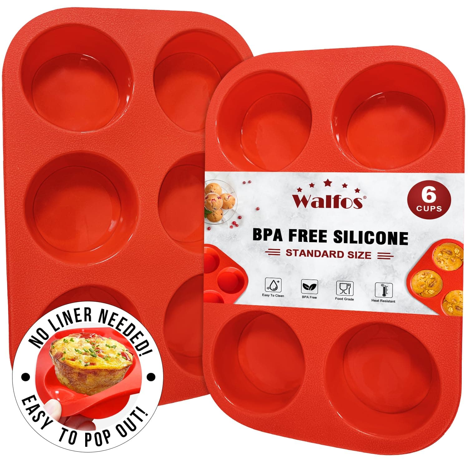 Walfos Silicone Muffin Pan - 6 Cup Non-Stick Silicone Cupcake Pan, Just PoP Out! Food Grade and BPA Free Baking Cups, Perfect for Egg Muffin, Cupcake, Dishwasher Safe (2 Pack Muffin Pan)