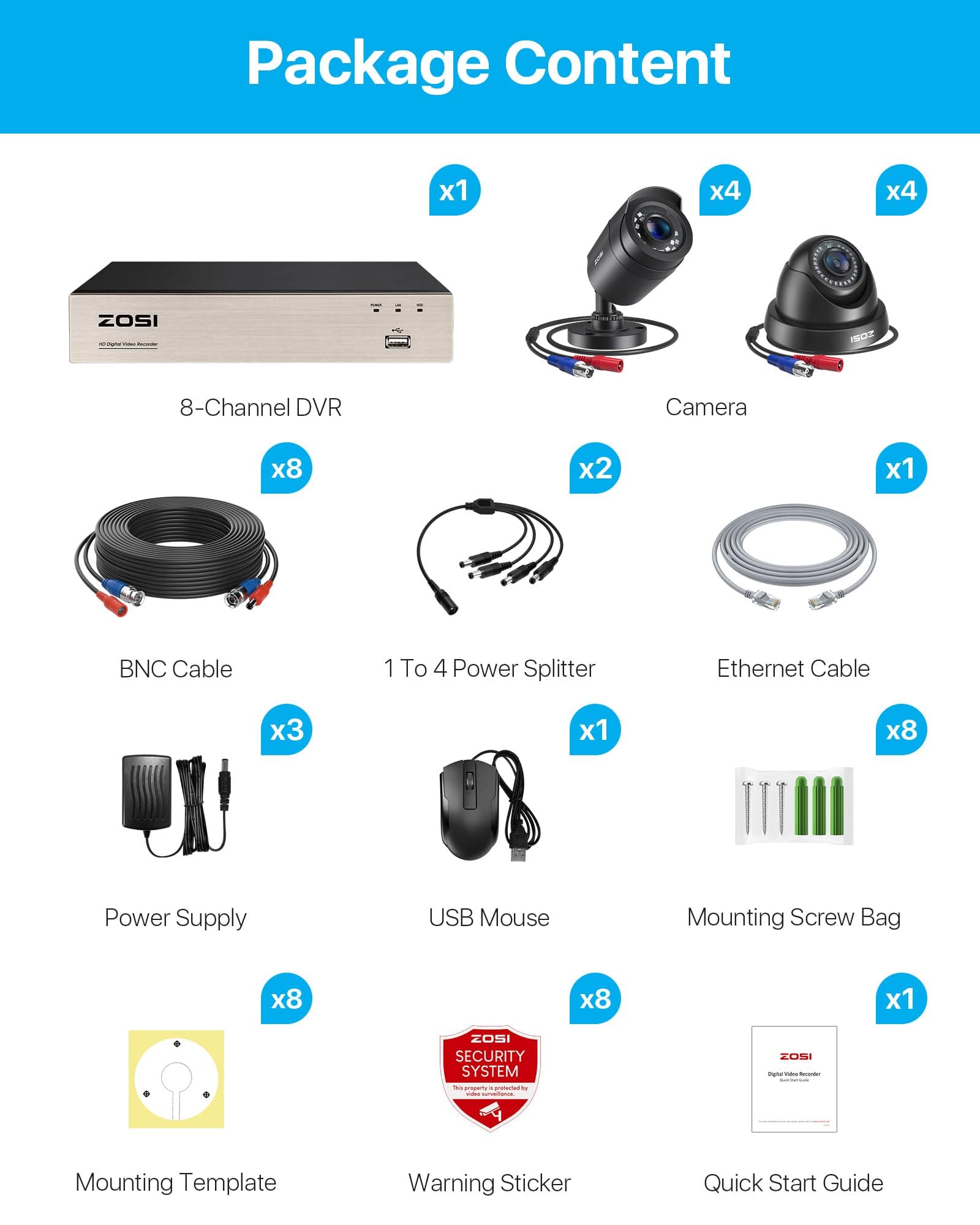 ZOSI 3K Lite 8CH Home Security Camera System,AI Human/Vehicle Detection,Night Vision,Remote Access,8pcs 1080p Weatherproof Outdoor Surveillance Bullet Dome Cameras,8Channel H.265+ CCTV DVR(No HDD)