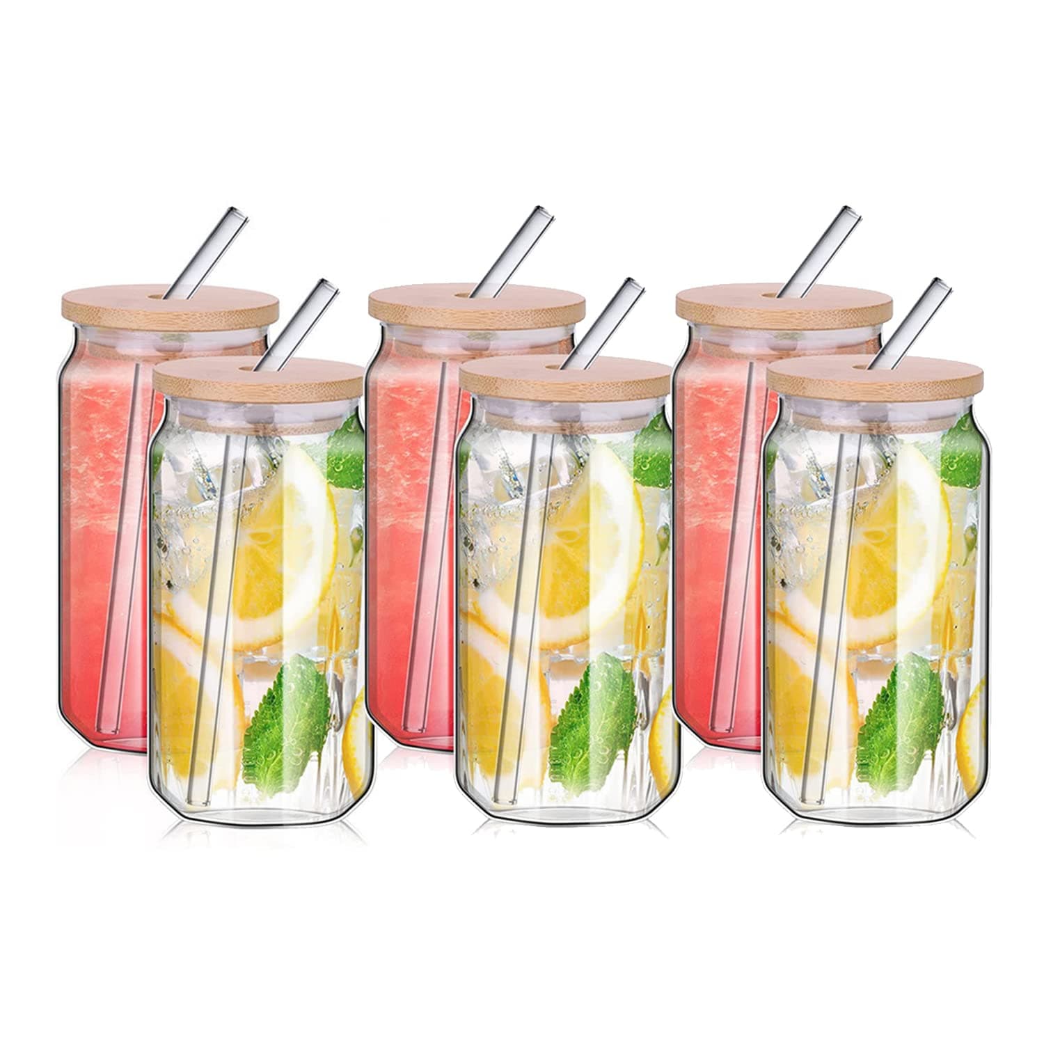 – Hniuyun 480ml Can Shaped Glass Cups Set, Drinking Glasses with Bamboo Lids and Glass Straws, Tumblers for Beer, Iced Coffee, Cocktails and Soda (6pcs)