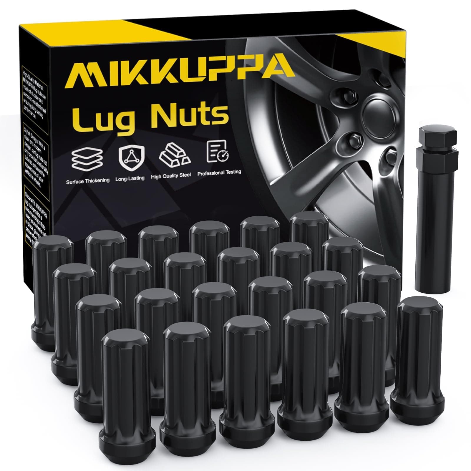 MIKKUPPA 24PCS M14x1.5 Lug Nuts - Replacement for Chevy Silverado 1500 Suburban Traverse, Ford F150, GMC Yukon Sierra 1500, Cadillac XT5 XT6 Aftermarket Wheels Black 2" Length 7 Spline Tire Nut