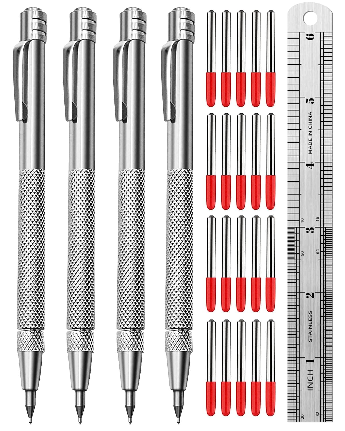 4 Pack Tungsten Carbide Scriber with Magnet, Metal Scribe, with Extra 24 Replacement Marking Tip and Steel Ruler, with Magnet and Clip, Aluminium Etching Engraving Pen for Glass/Ceramics/Metal Sheet