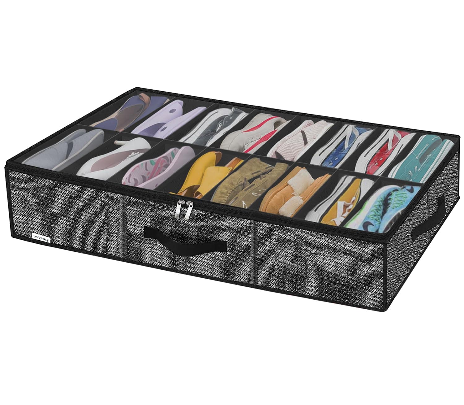 Onlyeasy Sturdy Under Bed Shoe Storage Organizer Fit 8 to 16 Pairs, Collapsible Closet Underbed Shoes Container Bags with Reinforced Handles, 37.7x23.6x5.9in, Linen-like Black, MXAUBS16P1