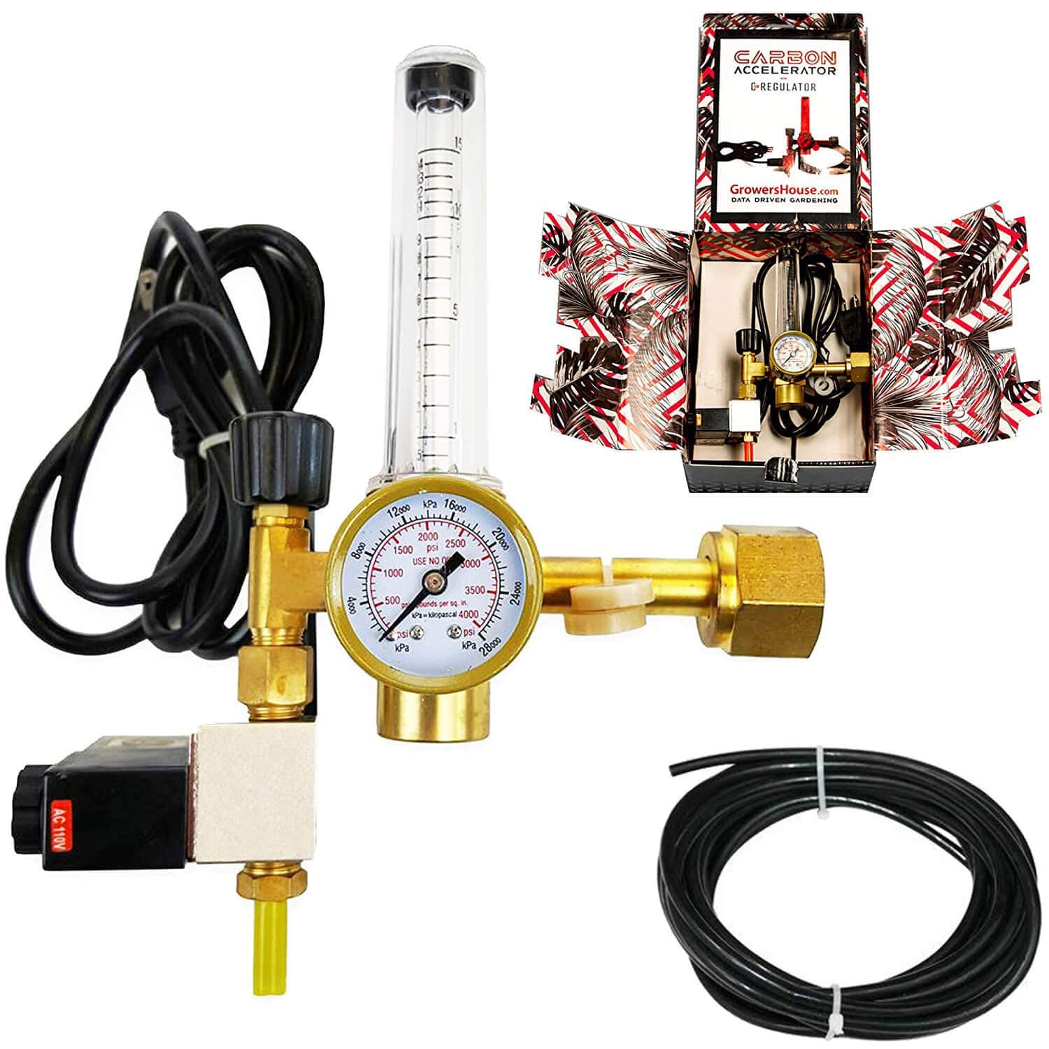CO2 Regulator by Carbon Accelerator for C02 Tanks - Gauge for Pressure and Flow Meter with 120v Plug for Solenoid Valve for Grow Rooms, Tents, and Works with PPM Controllers and Timers