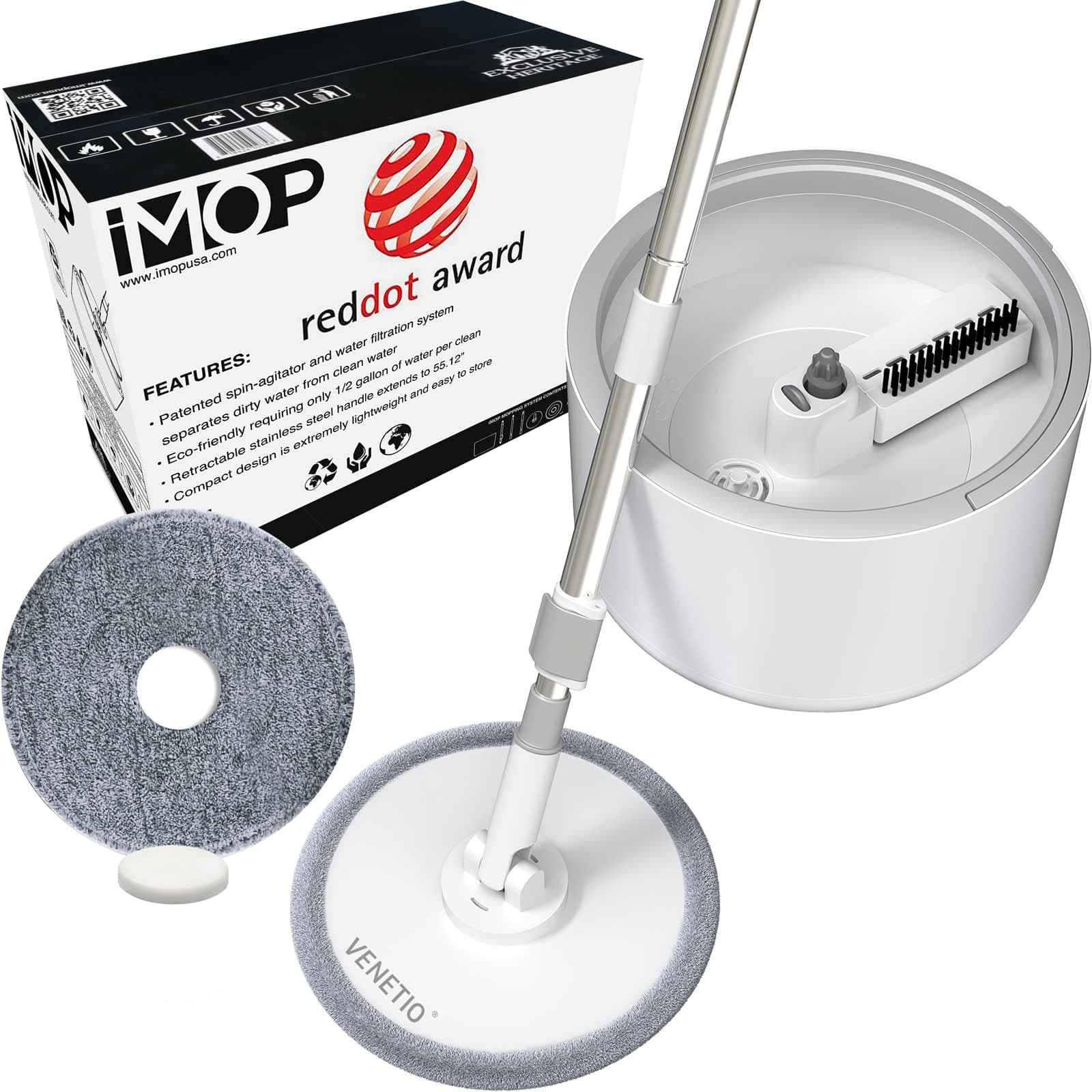 VENETIO iMOP Microfiber Spin Mop and Bucket Set with Patented Internal Water Filtration System, Self Cleaning Dry & Wet Flat Floor Mop for Home Hardwood, Tile, Ideal for Pet Owners, White/Gray, 2 Pads