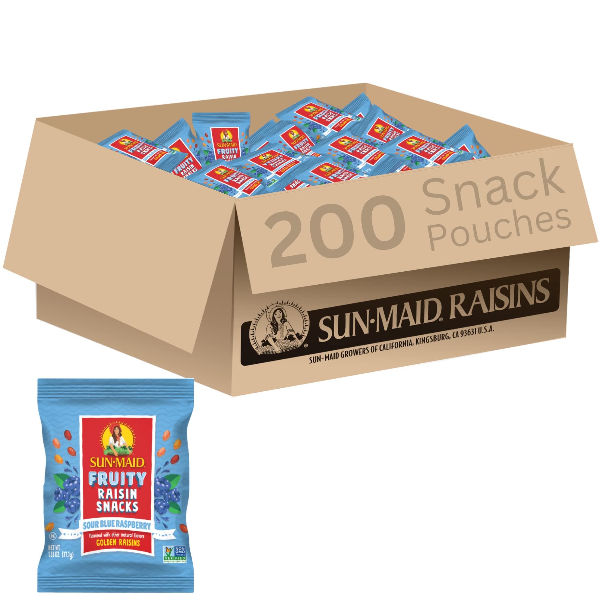 Sun-Maid Sour Blue Raspberry Fruity Raisin Snacks - (200 Pack) 1.33 oz Pouches - Sour Blue Raspberry Raisins - Dried Fruit Snack for Lunches and Snacks