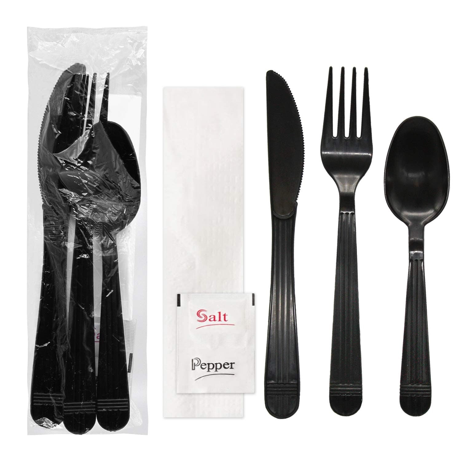 Individually Wrapped Plastic Cutlery Packets/Heavy Duty Silverware Kits, Fork/Spoon/Knife/Napkin/Salt/Pepper, 50 Utensils Sets, Black