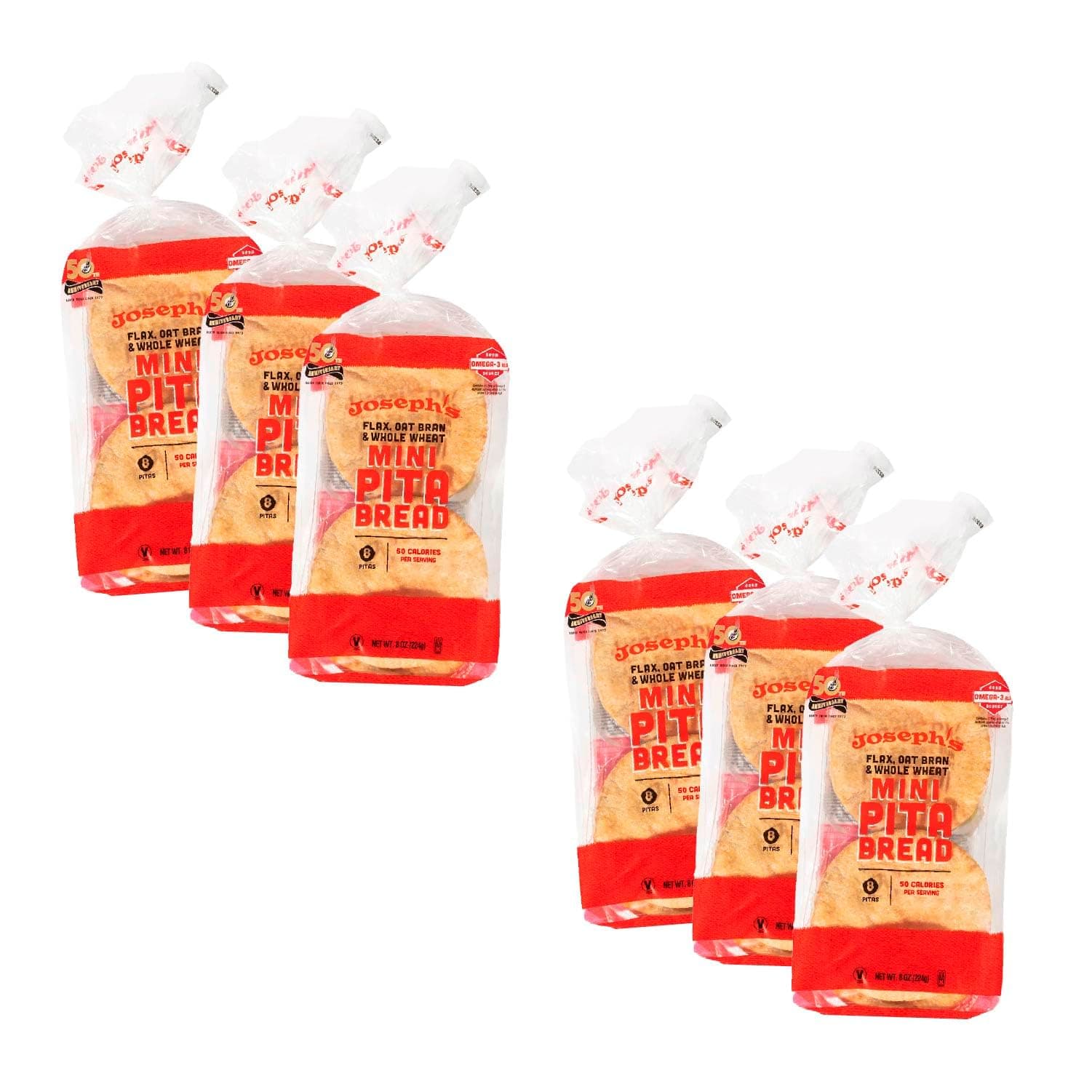Joseph's Low Carb MINI Pita Bread 6-Pack, Flax, Oat Bran and Whole Wheat, 5g Carbs Per Serving, Fresh Baked (8 Per Pack, 48 MINI Pita Breads Total)