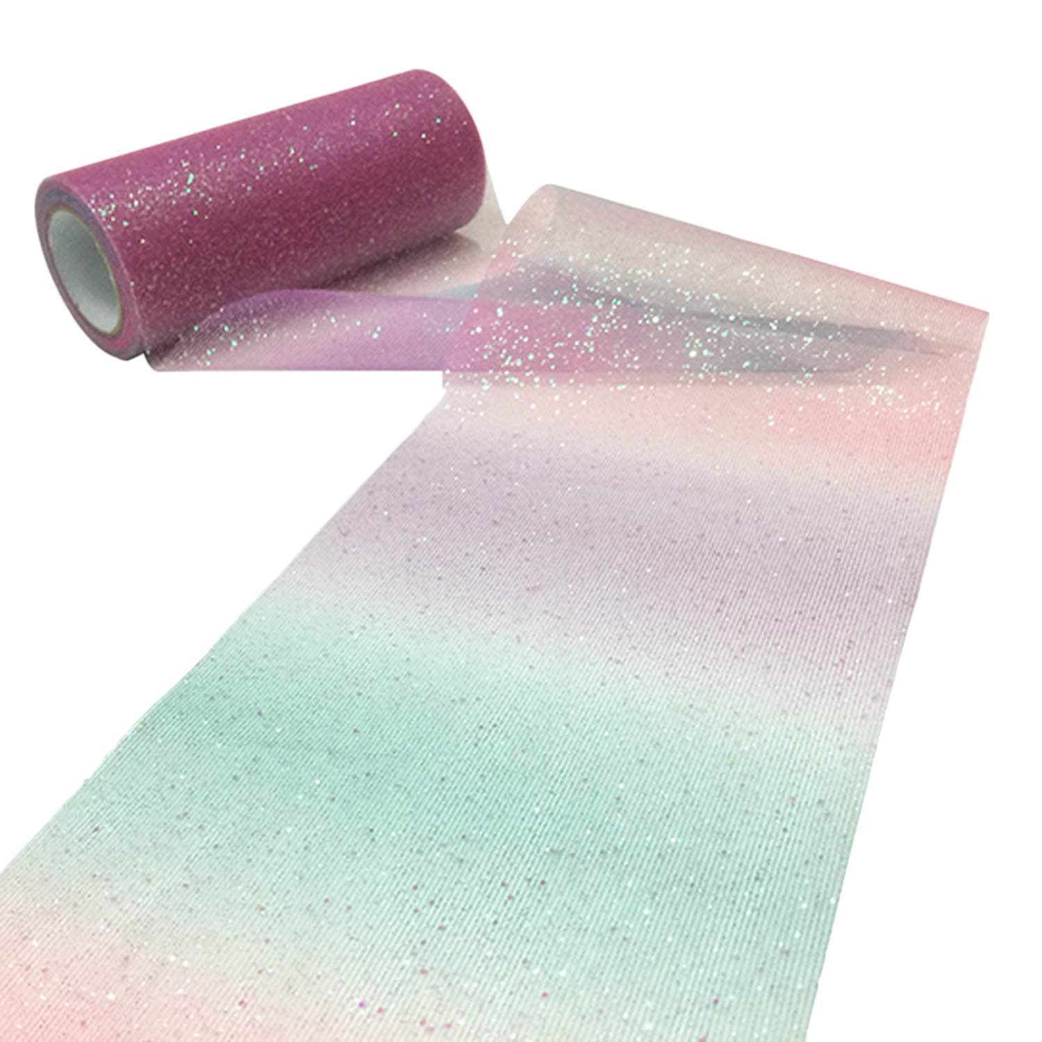 Sysoon10 Yards Rainbow Gradient Glitter Polyester Tulle Roll Fabric Ribbon for Wedding, Party, Christmas, Gift Wrapping in Dark Color
