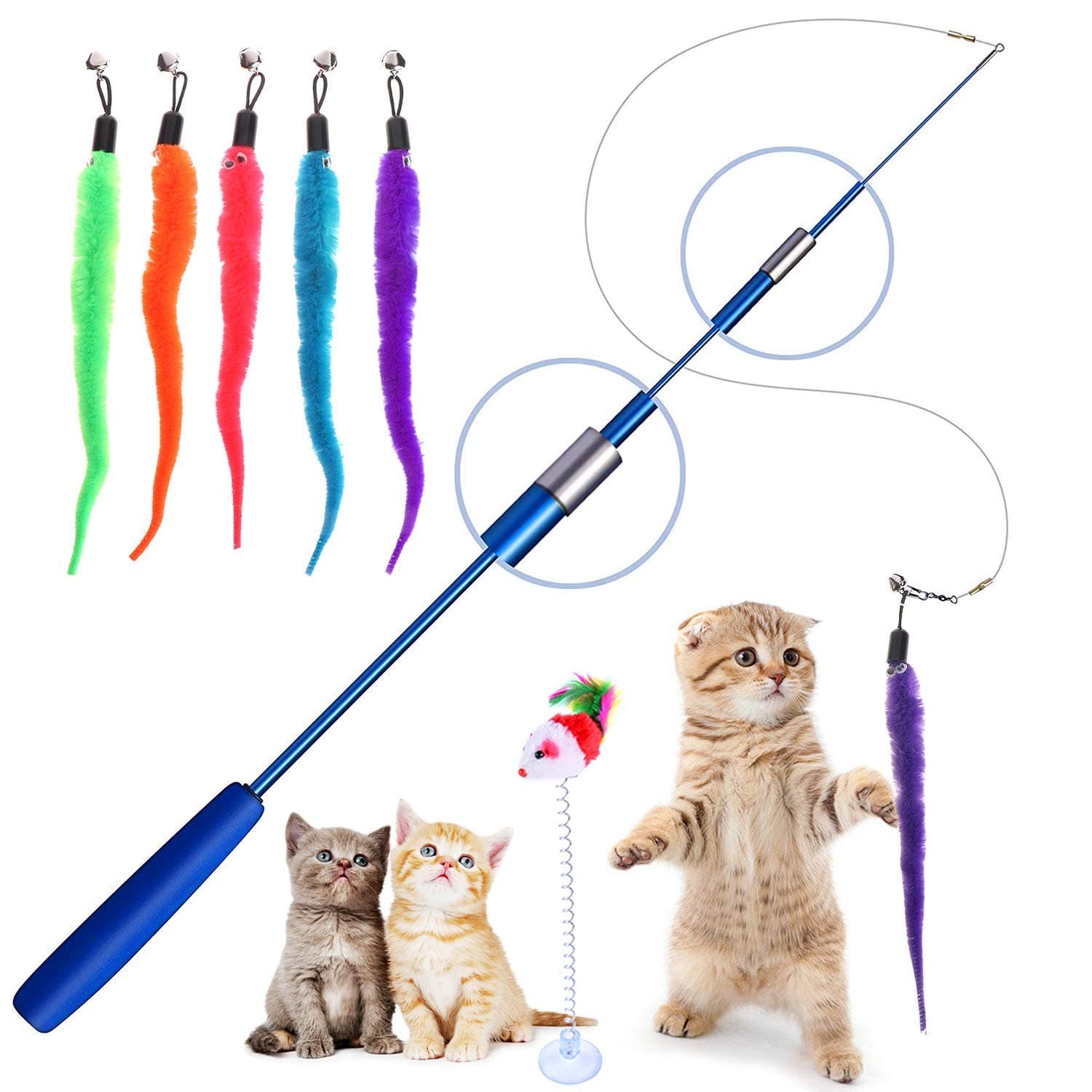 KABB Retractable Cat Teaser Wand with 5 Piece Refills, Interactive Feather Toy for Cats & Kittens