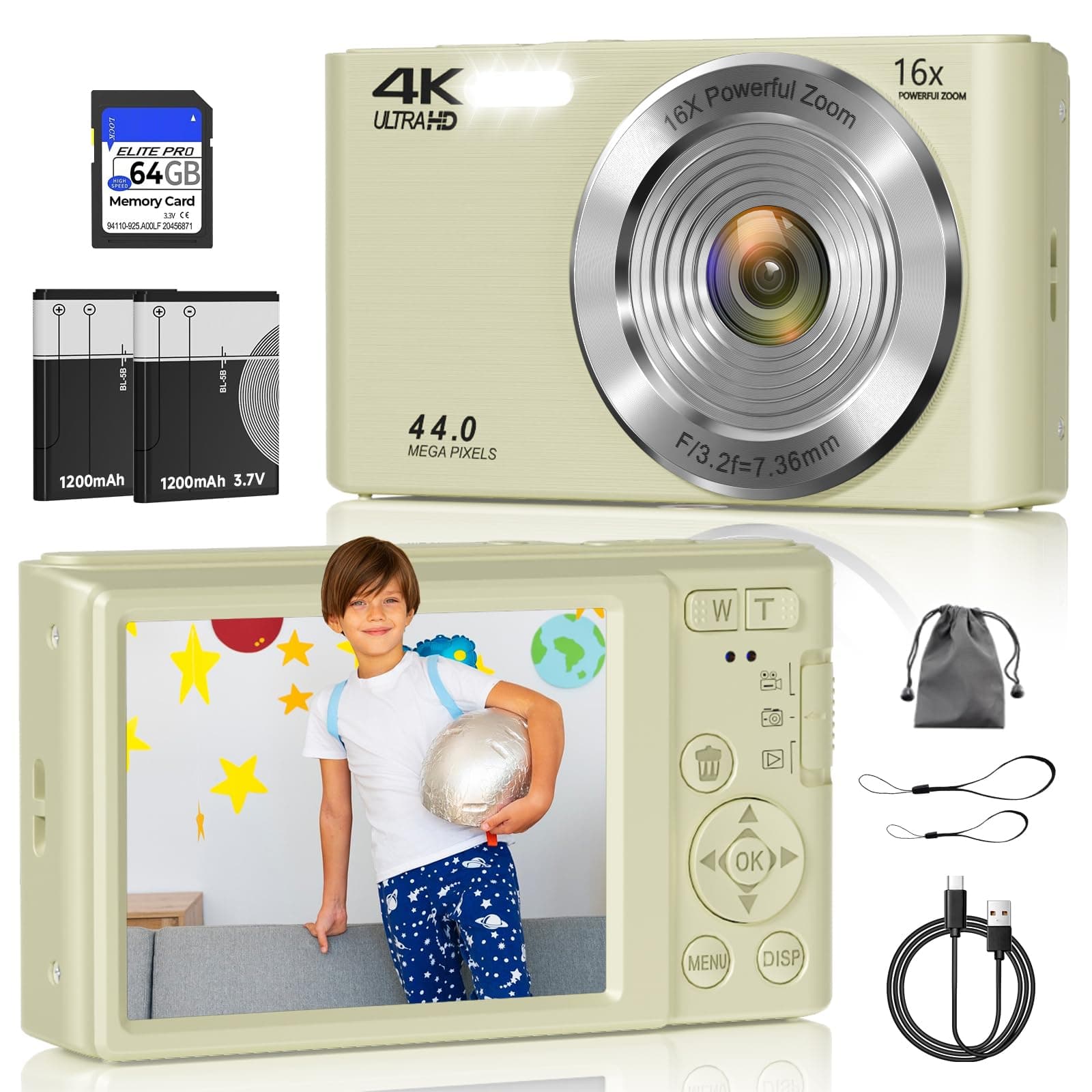 Digital Camera, FHD 4K 44MP Digital Camera, 16X Digital Zoom, Digital Point and Shoot Camera with 3-LED Fill Lights, 64GB SD Card, Compact Camera for Kids Teen Boys Girls, Cream