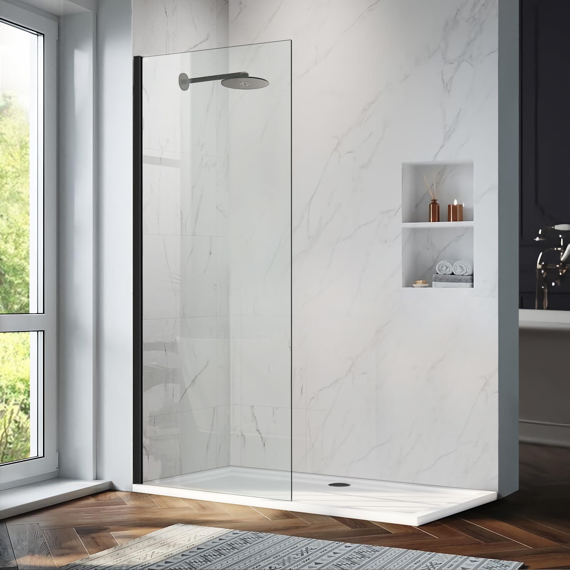 Bathroom Shower Glass Door Panel, 34" W×74" H Fixed Frameless Shower Glass Door, 5/16"(8mm) Thick Clear Tempered Glass Door Screen, Matte Black