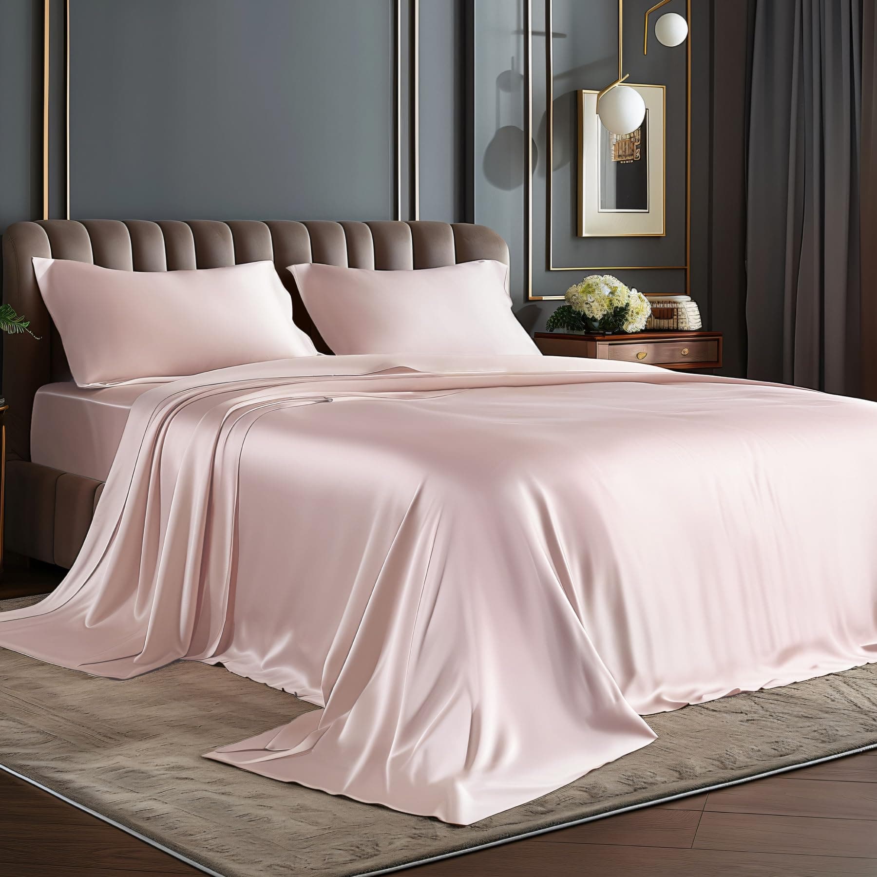BEDELITE Satin Sheets Full Size Bed Set, Luxury Soft Pink Silky Sheets for Hair and Skin, Similar to Silk Bed Sheets Set 4 Pieces with 1 Deep Pocket Fitted Sheet, 1 Flat Sheet, and 2 Pillowcases