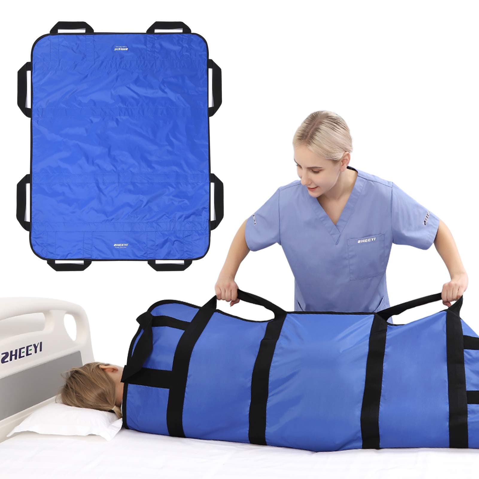 Multipurpose 48" x 40" Positioning Bed Pad with Reinforced Handles - Reusable & Washable Transfer Sheet for Turning, Lifting & Repositioning - Double-Sided Nylon Fabric, Blue