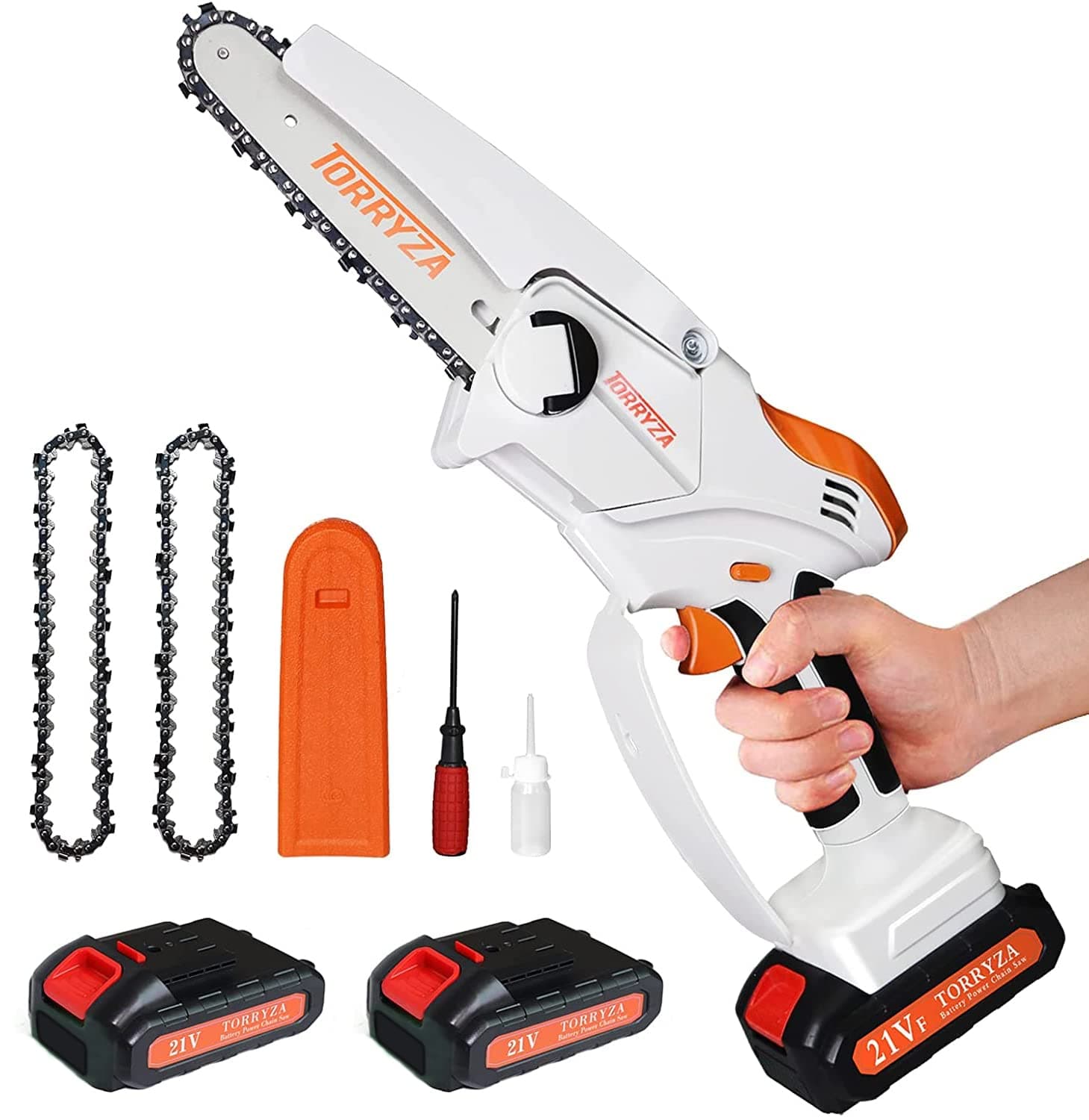 Mini Chain Saw TORRYZA 6-Inch Mini Chainsaw with 2 Battery Cordless Electric Chain Saw 2.7Lbs Lightweight Handheld Chainsaw Small Battery Chain Saw for Branch Cutting Garden Tree Trimming -White