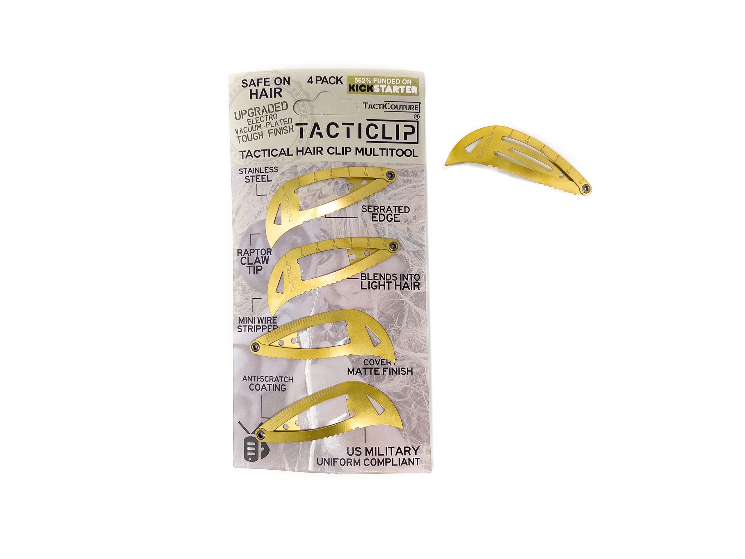 4 Pack - A/U Camouflage Tactical Hair Clips, Multitool Snap Barrettes - Multi-Functional Keychain Metal Multi Tool - Box Cutter, Serrated Edge, Raptor Claw - Arid/Urban Camo Pattern