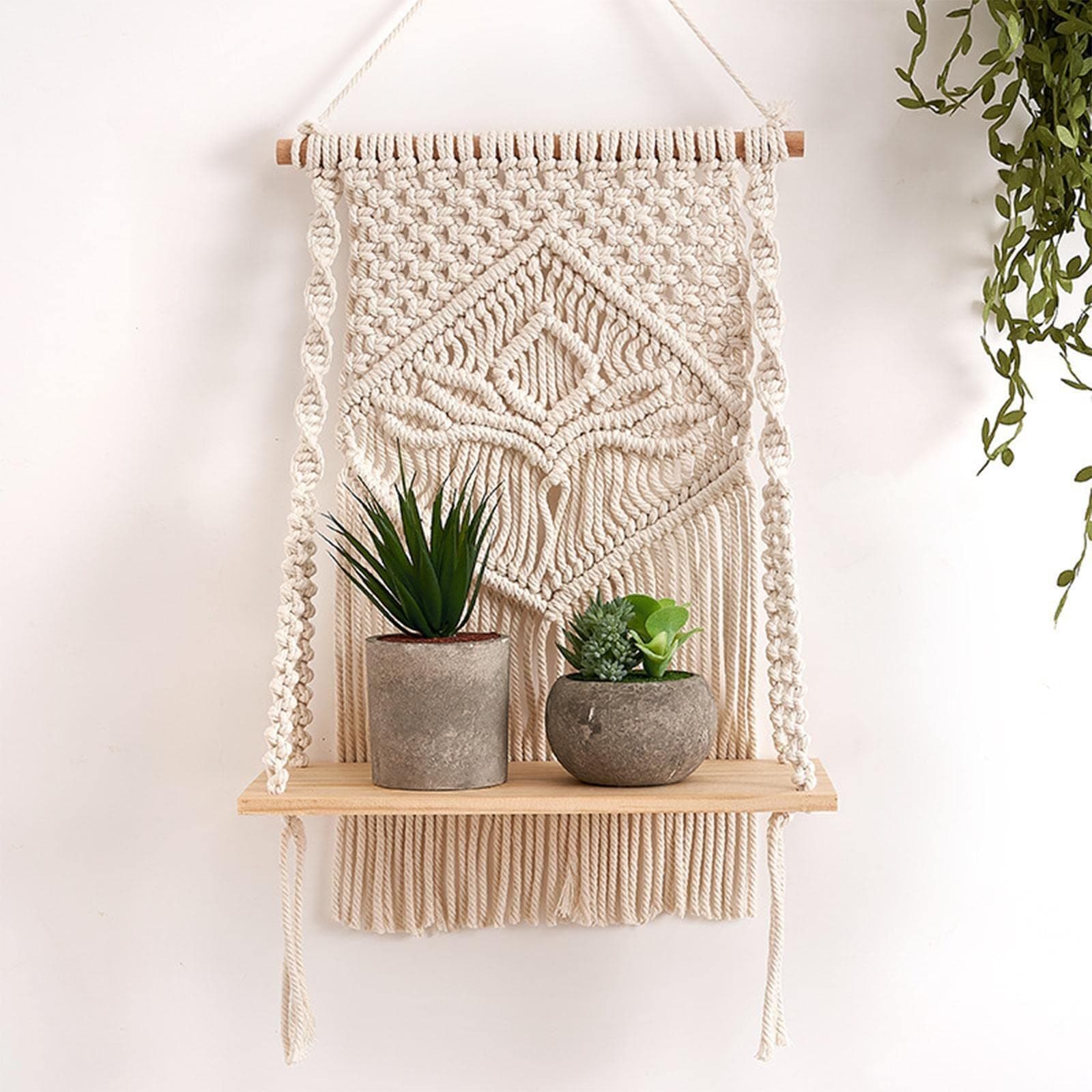 Decazone Macrame Indoor Wall Hanging Shelf Chic Decor Wood Floating Boho Shelves with Wooden Dowel Hand Woven Bohemian Decor for Apartment Dorm Bedroom Living Room Nursery 60 x 30 cm (Beige)