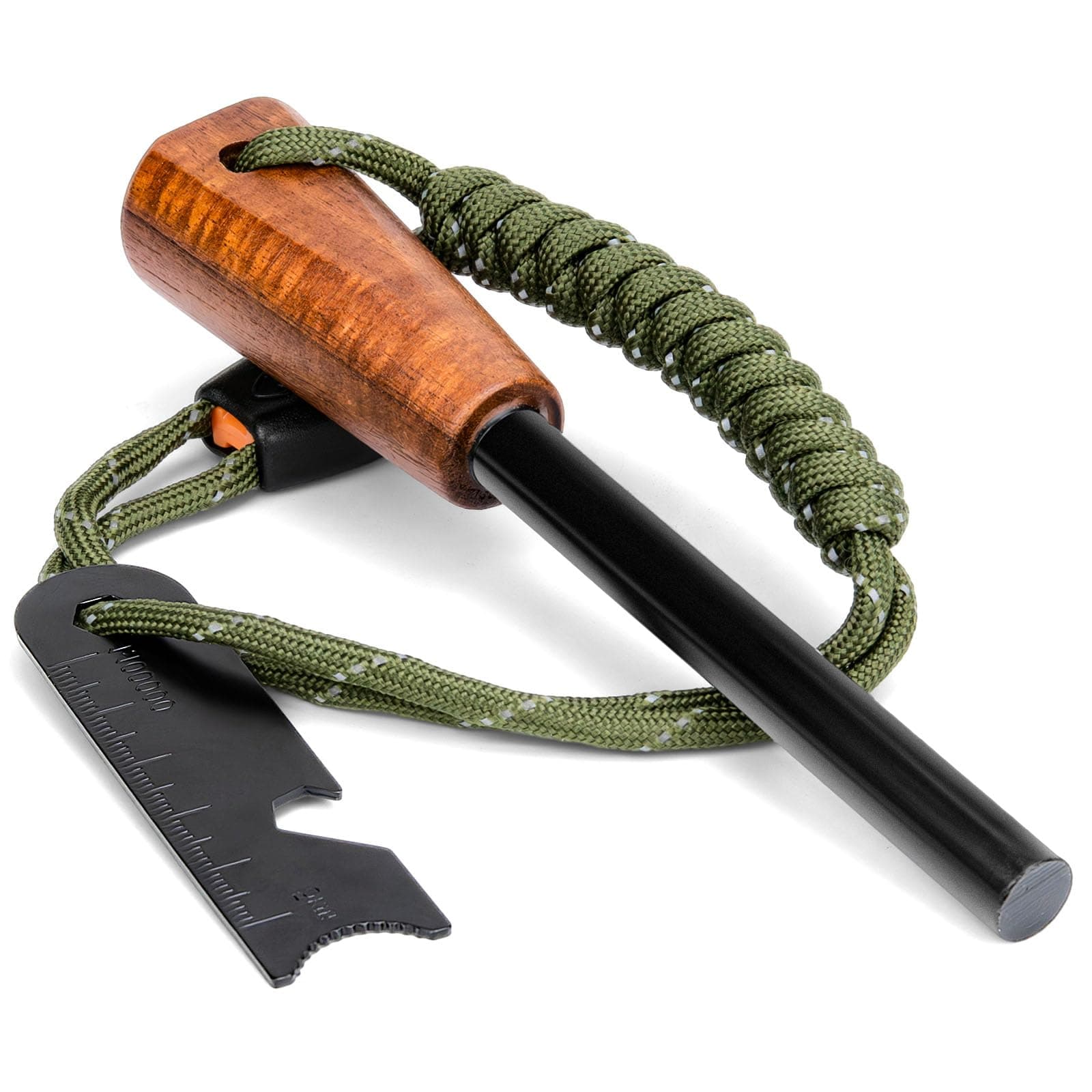 Fire Starter Survival Tool - Handmade Wooden Handle 3/8"" Thick Ferro Rod with Striker and Umbrella Rope Waterproof Iron Rod Flint and Steel Fire Starter Kit, Black