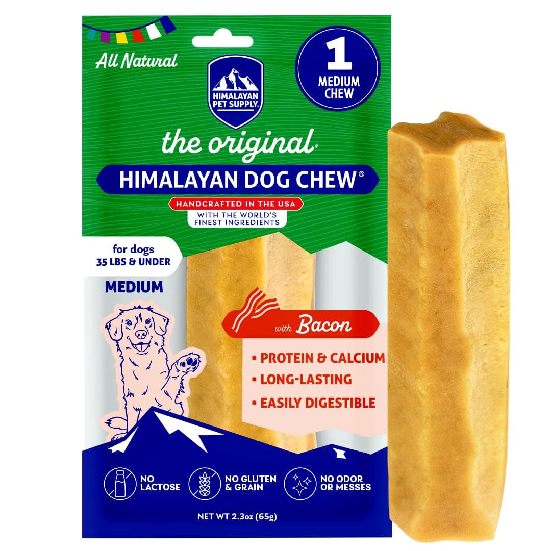 Original Yak Cheese Chew, Bacon, 1 Medium Stick, 2.3 oz, Gluten Free, Healthy Treats, Grain & Lactose Free 100% Natural, Long Lasting, for Dogs Under 35 lbs