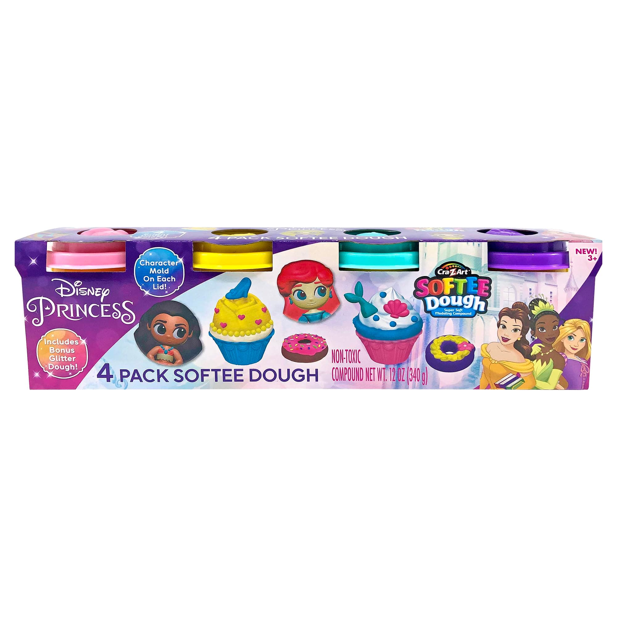 Cra-Z-Art Disney Princess 4 Pack Softee Dough with Princess Character Molds on Each Lid Ariel, Belle, Moana and Rapunzel, and Includes Bonus Glitter Dough, Creative Play Dough Gift, Ages 3 and Up