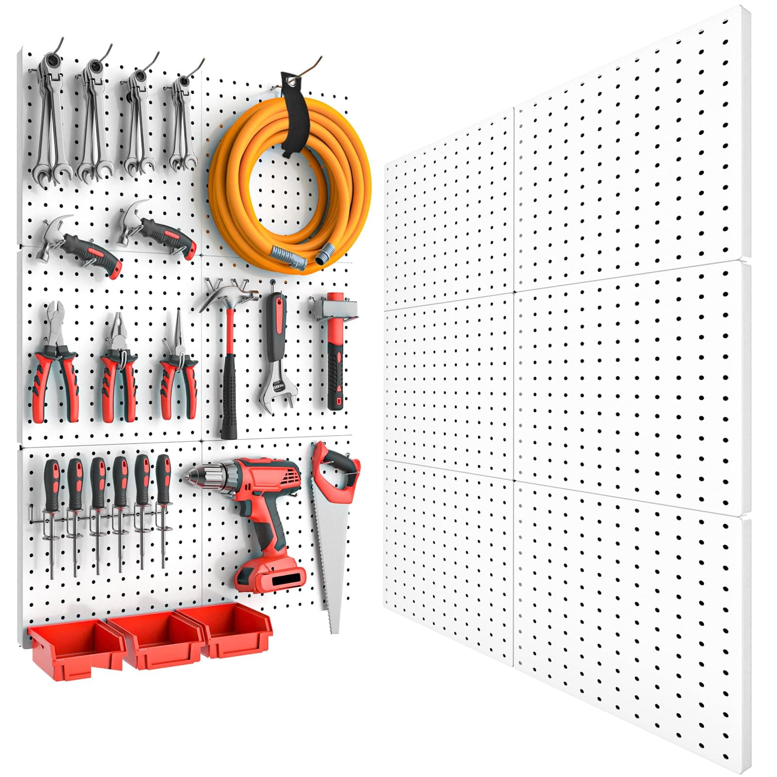 Peg Board, 6PCS Metal Pegboard, Heavy Duty pegboard Wall Organizer with Frame. White pegboard for Walls, Garage, Workbench, Craft Room Tool Organization, Metal peg Board Panels 12in*12in