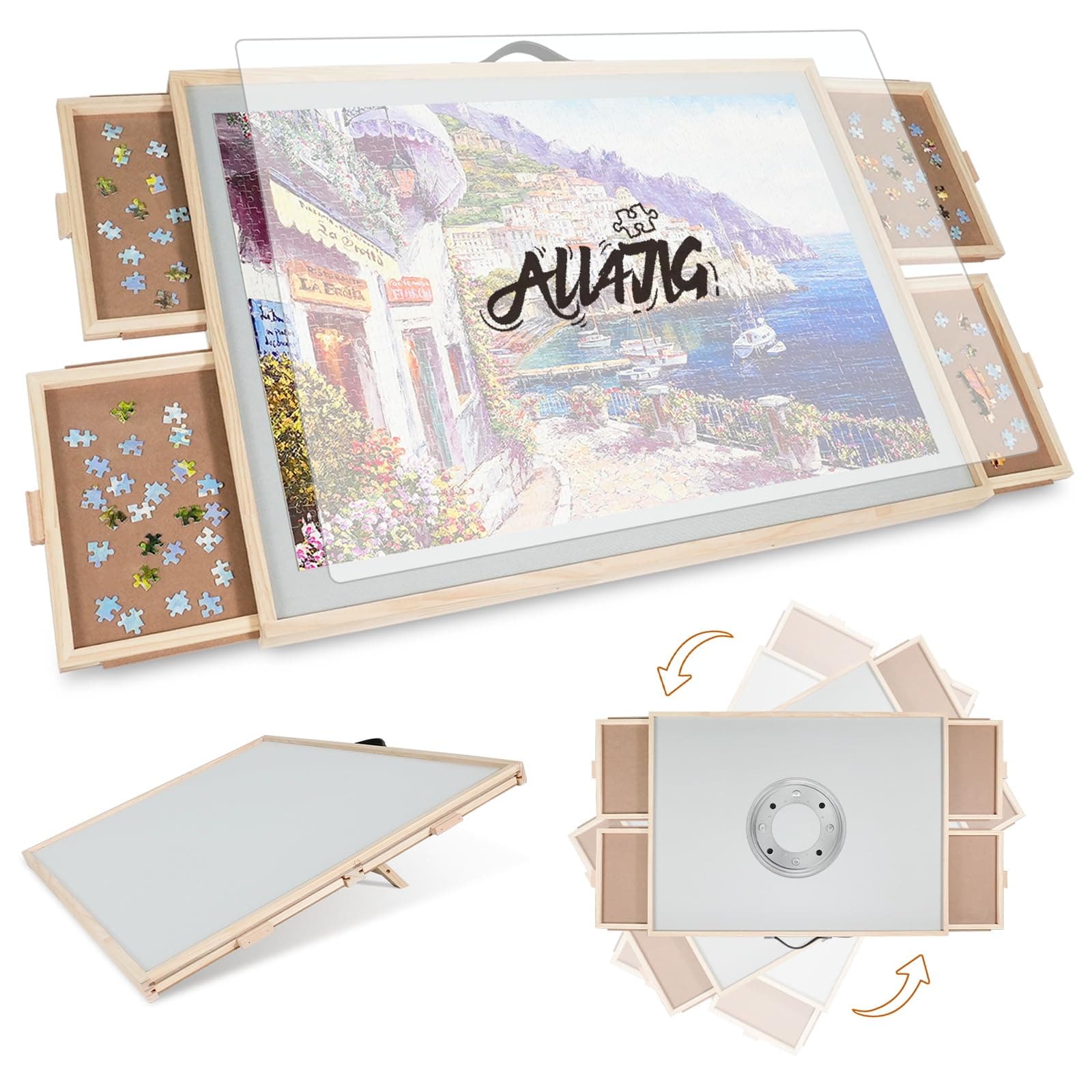 - ALL4JIG 1500 Pieces 2-in-1 Tilting & Rotating Puzzle Board for Adults Gifts, Wooden Jigsaw Puzzle Table with 4 Drawers, Portable Board with Lazy Susan and Cover, 25.2" x 34.2"