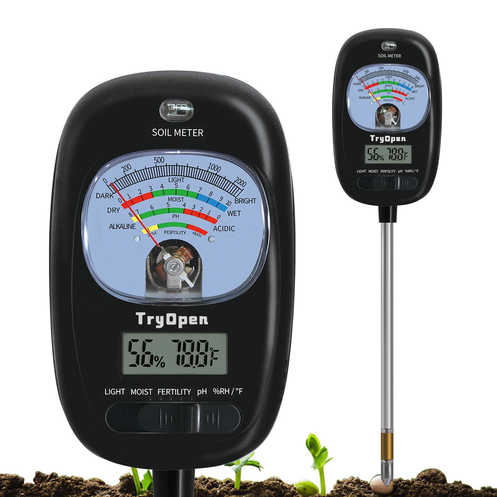 Soil Test Kit, Soil Moisture Meter/PH Meter/Sunlight Intensity/Fertility Soil Tester, LCD Display Air & Soil Hygrometer Temperature for Garden, Farm, Lawn Care Moisture Meter for Hous Plants