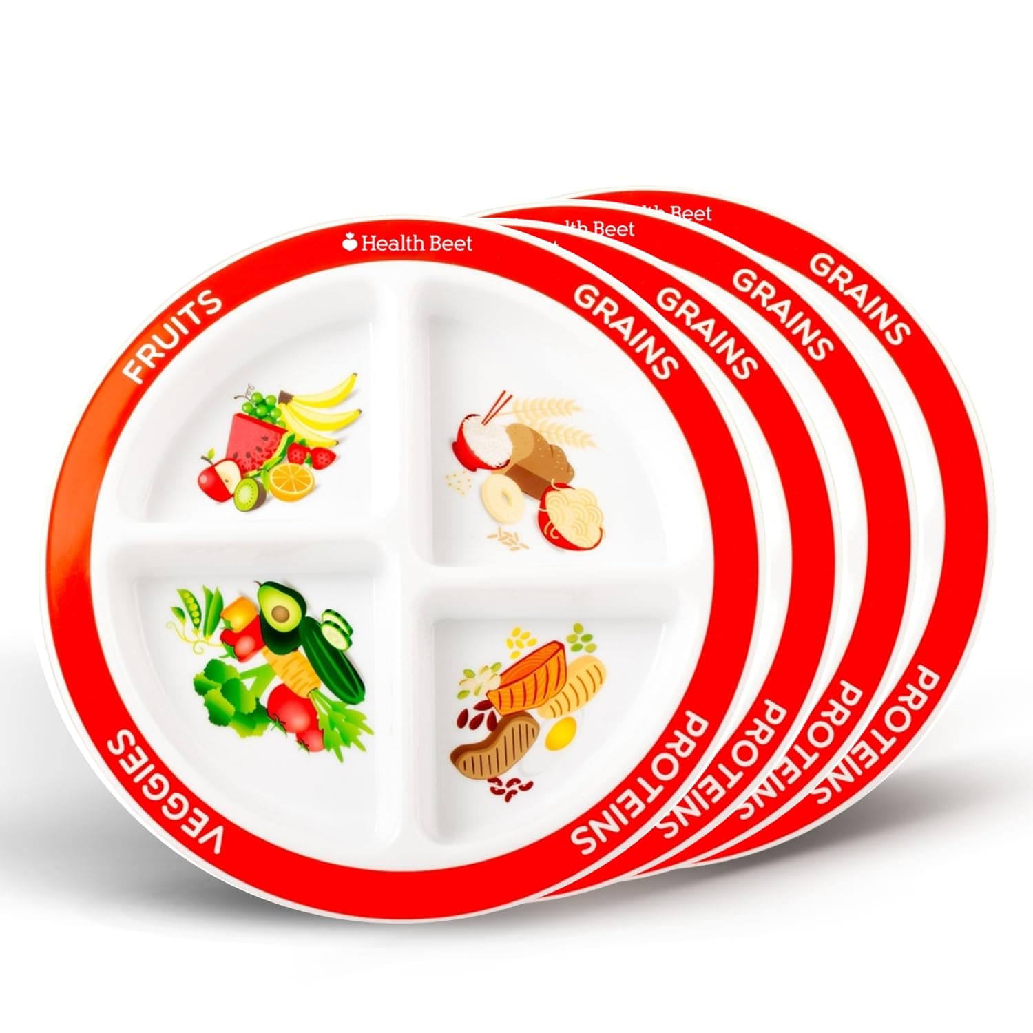 Health Beet MyPlate Portion Control Plate – 4 Divided Sections for Fruit Grains Veggies Proteins - Dishwasher & Microwave Safe Sectioned Plates for Health Education (Set of 4)