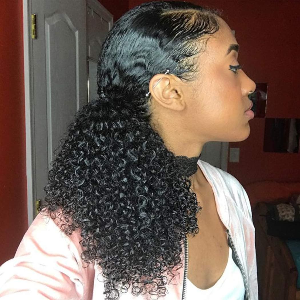 BLUPLE Afro Kinky Curly 3B 3C Clip in Ponytails Extensions Natural Color Human Hair Drawstring Puff Hairpiece Clip On Top Closure Ponytail for African American (18 inches, Afro Kinky Curly 3B 3C)