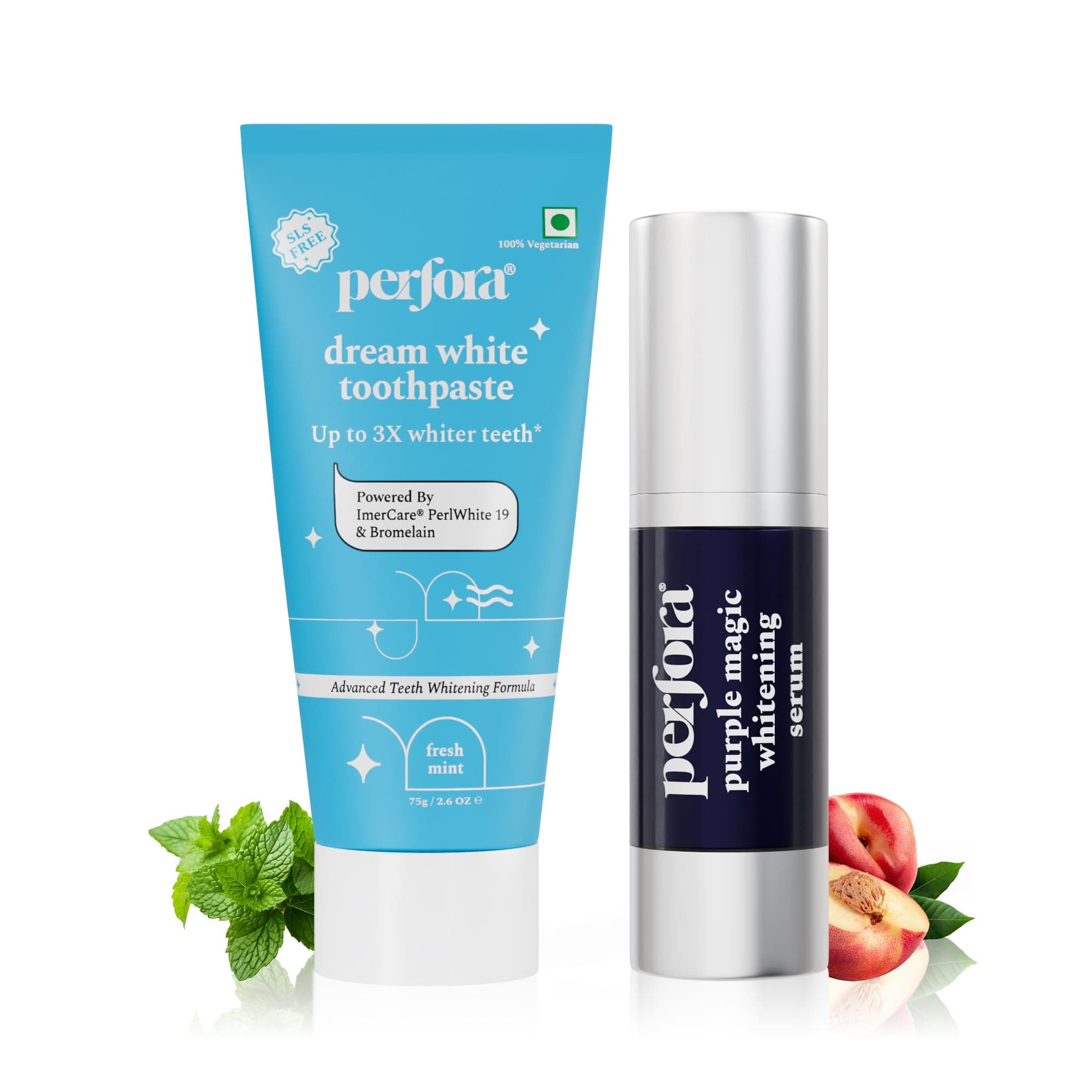 Perfora Teeth Whitening Combo | Purple Serum & Dream White Toothpaste | SLS & Fluoride Free Tooth paste | N-Ha For Teeth Remineralisation | Enamel Safe & Effective Teeth Whitener Solution | 75g + 30ml
