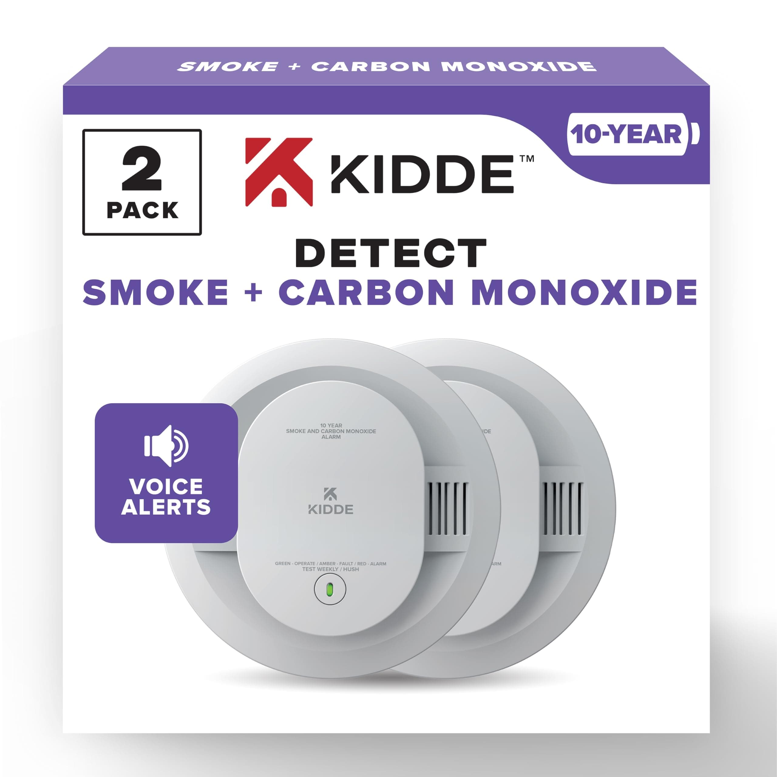 Kidde Smoke & Carbon Monoxide Detector, 10-Year Battery Powered, Voice Alerts, LED Warning Light Indicators, 2 Pack