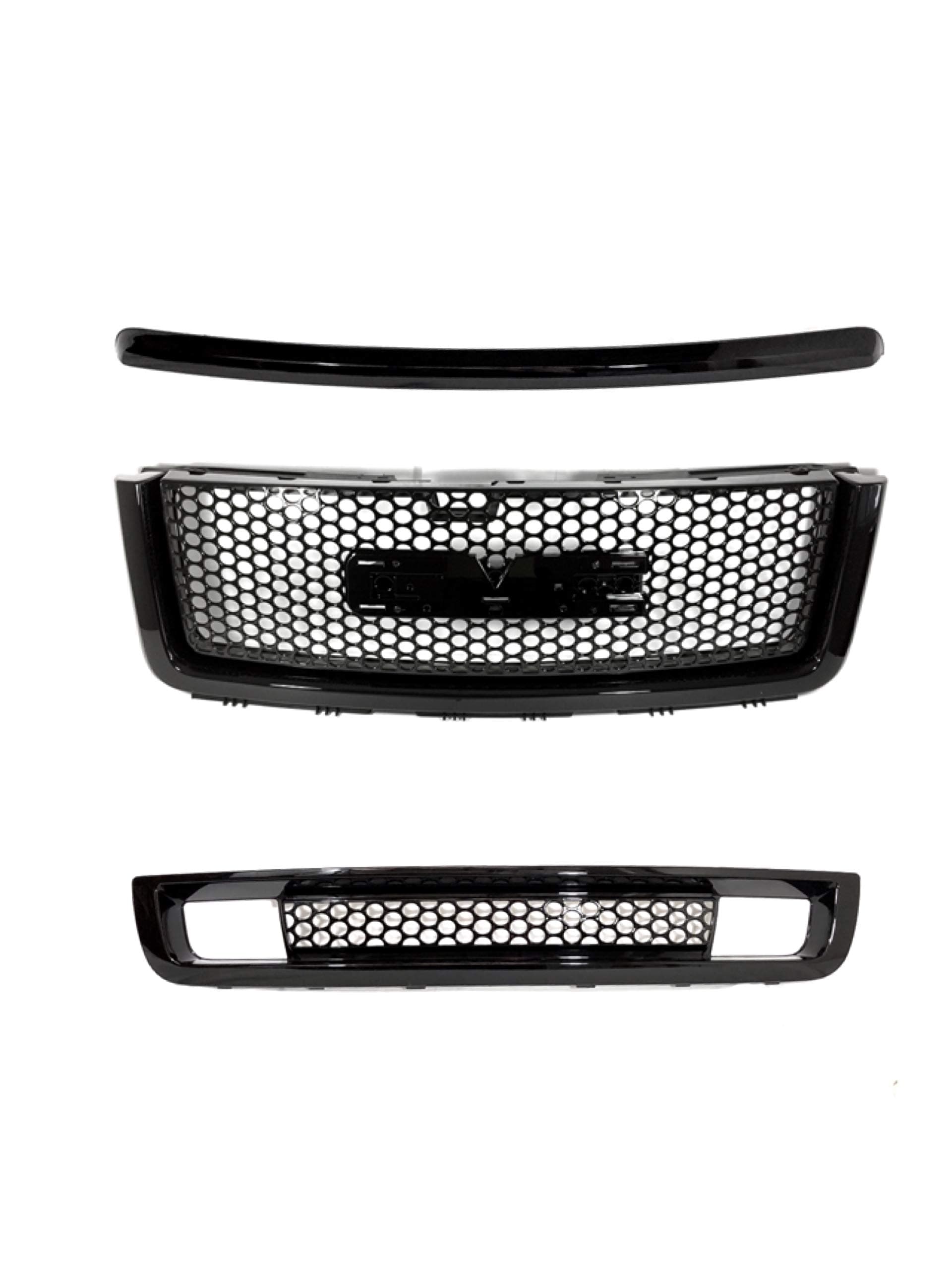 Gloss Black Denali Mesh Grille Combo Compatible with GMC Sierra 1500 New Body 2007-2013 3PCS Top/Upper/Lower Front Grille Replacement (No Classic/2500/3500)