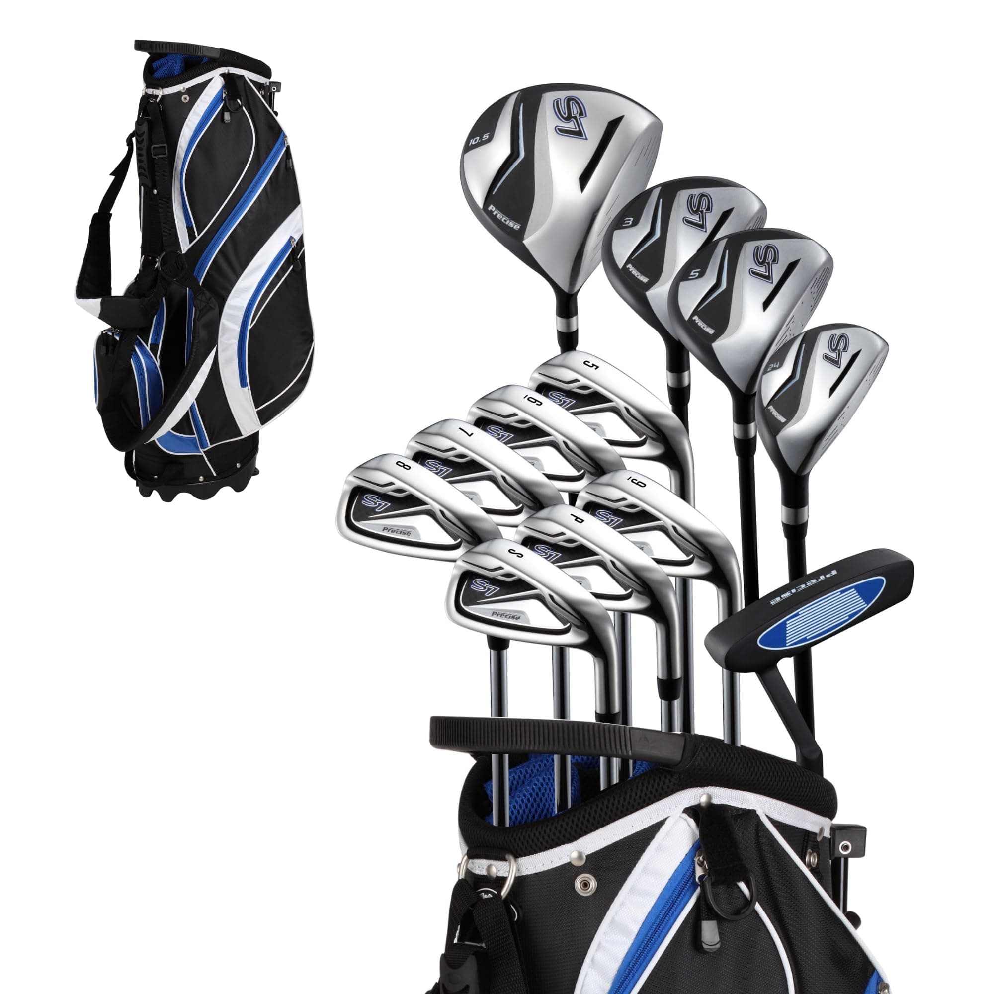 Precise S7 Men's 18-Piece Complete Golf Club Set – Titanium Driver, Fairway Woods, Hybrid, 5-SW Irons, Putter & Stand Bag, Right Handed