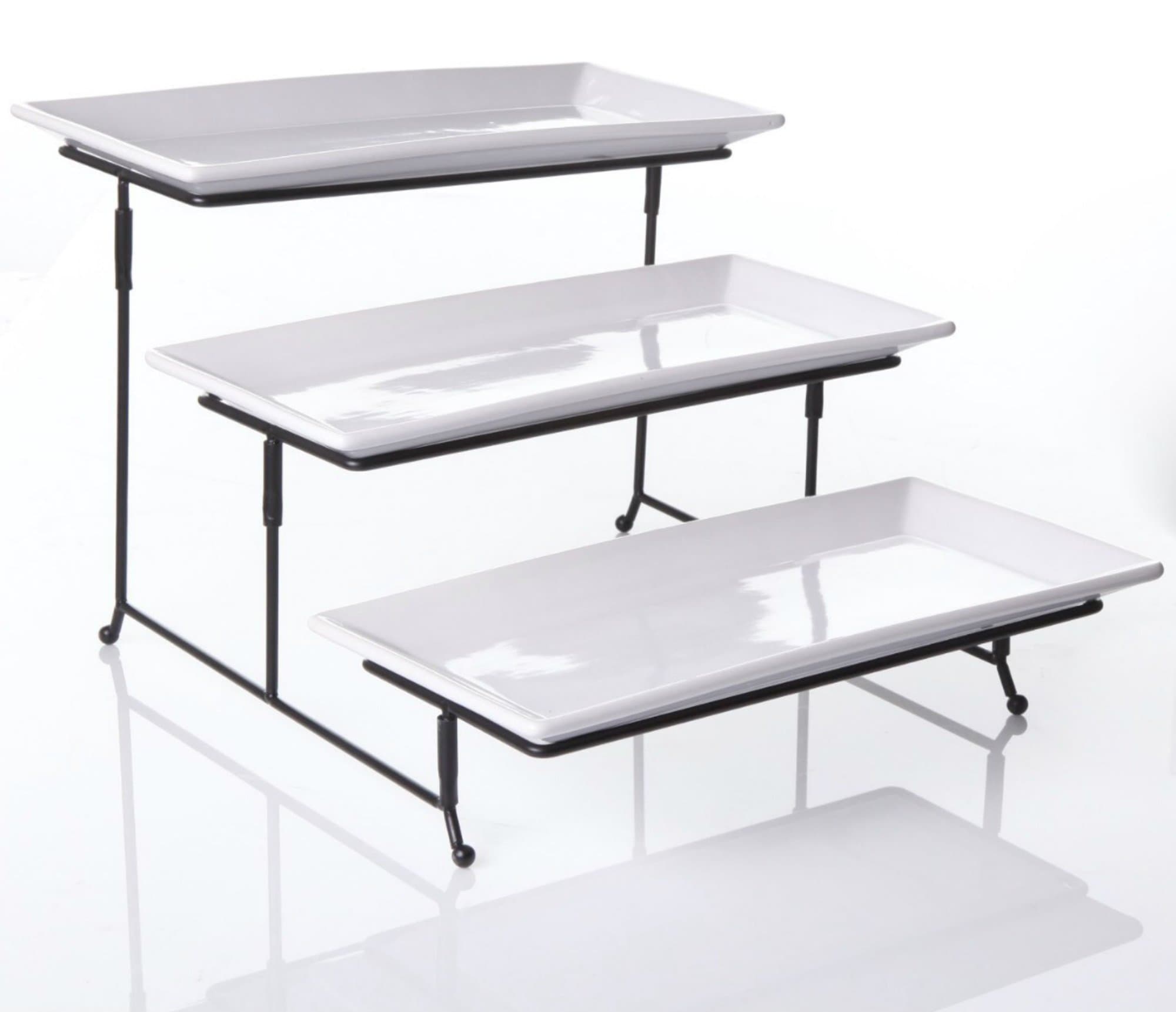Partito Bella 3 Tier Collapsible Thicker Sturdier Plate Rack Stand with Porcelain Plates, 12 x 6-inch White