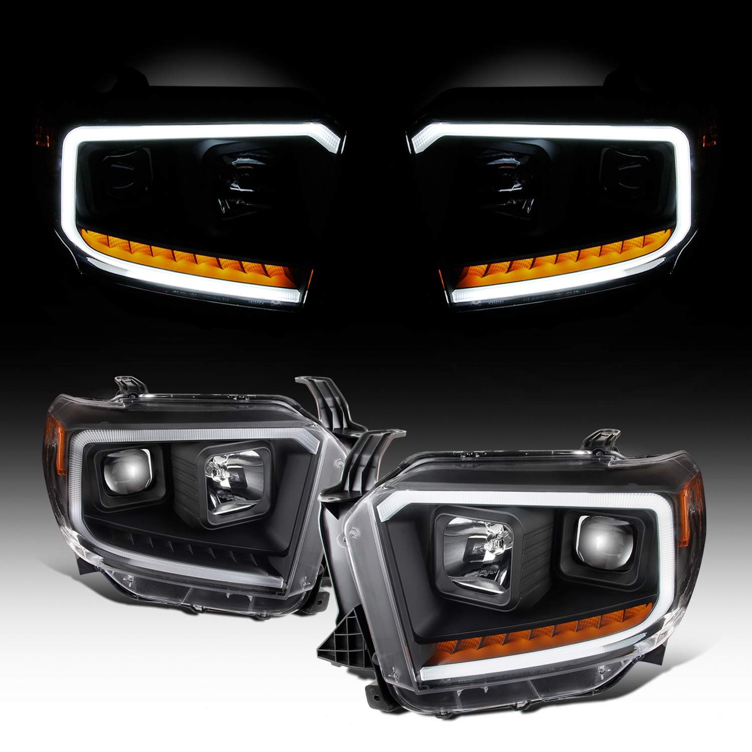 AKKON - For 2014 2015 2016 2017 2018 2019 2020 2021 Toyota Tundra Light Tube Projector Black Headlights Headlamps Set