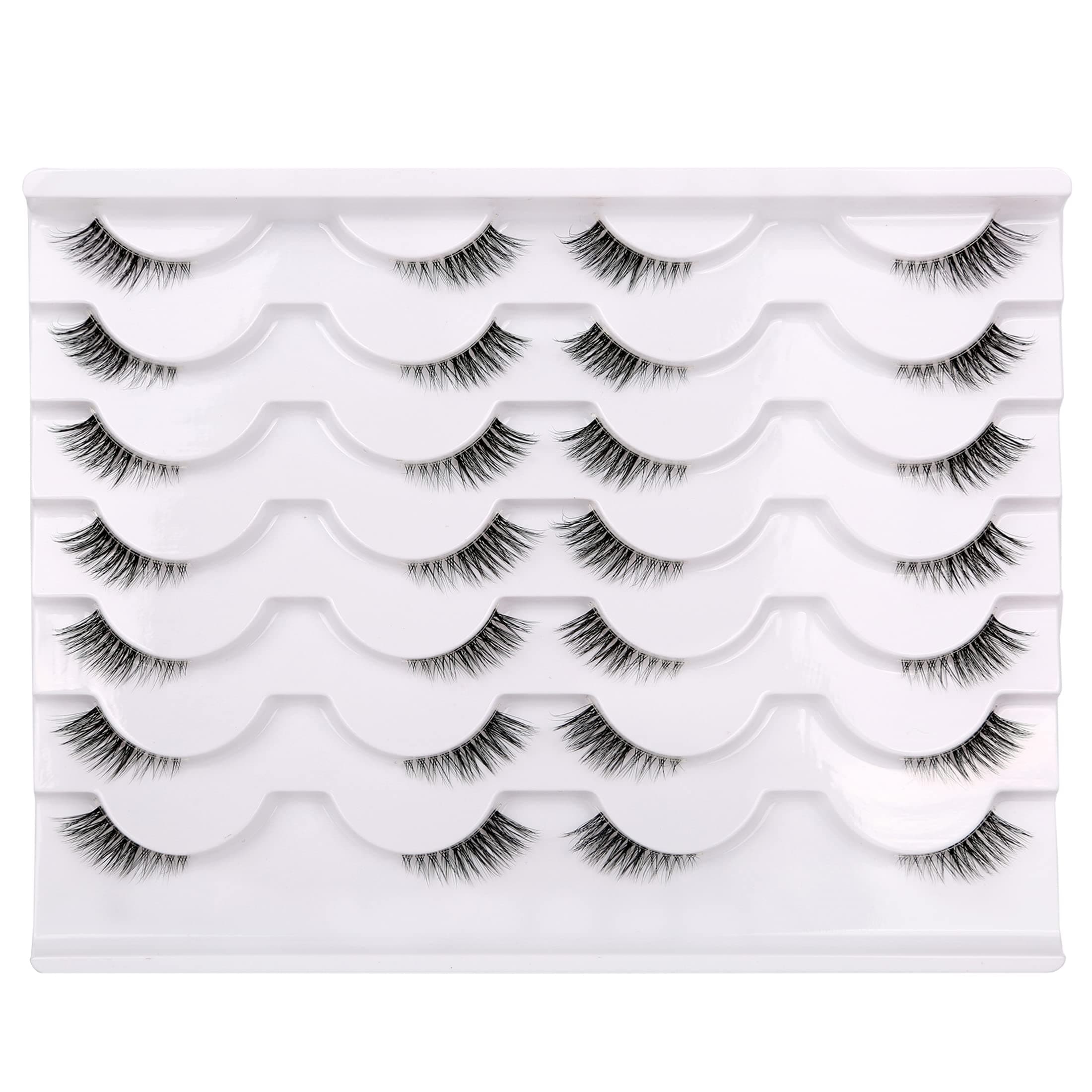 Half False Eyelashes with Clear Band Wispy Cat Eye Look Natural Short Small 3/4 Accent Lashes Faux Mink Fake Eyelash Strips 14 Pairs Pack