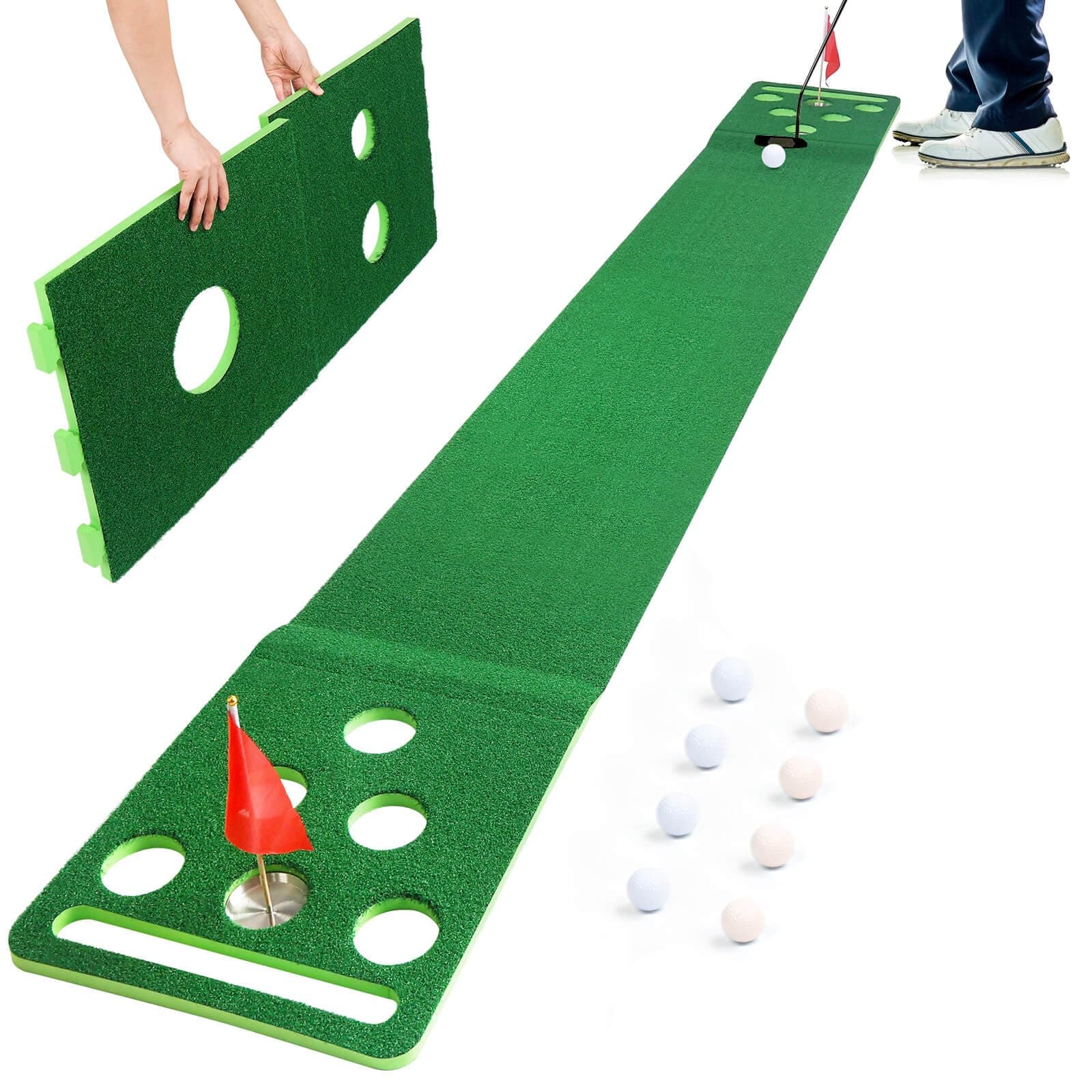 Chriiena Golf Putting Mat, Extendable Practice Golf Pong-Game Set with 4 connectable Putting Pads,Includes 8pcs Golf Balls and Portable Bag for Indoor Outdoor Party Game Use (Green)