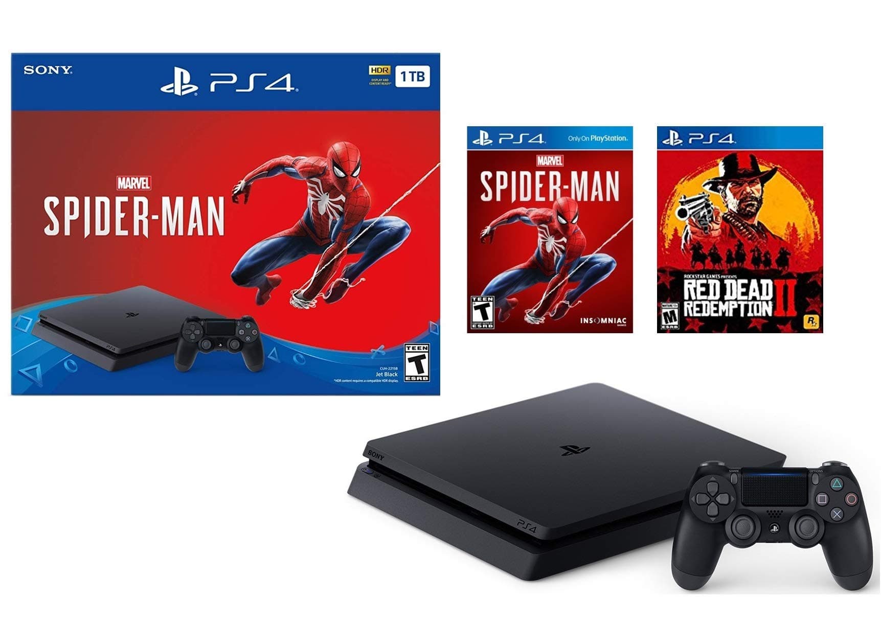 Sony Playstation 4 1TB Marvel's Spider-Man Bonus Bundle w/Red Dead Redemption: Playstation 4 1TB Jet Black Console, Marvel's Spider-Man, Red Dead Redemption 2, DUALSHOCK Wireless Controller (Renewed)