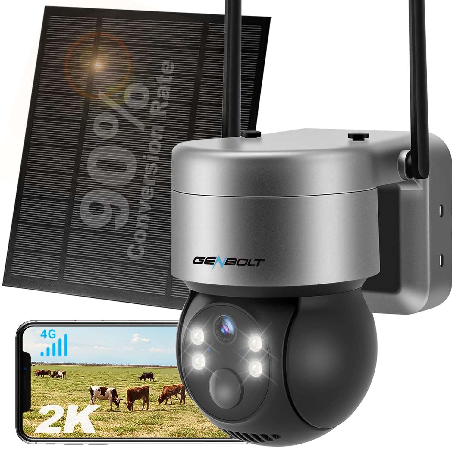 GENBOLT 4G LTE Solar Security Camera Outdoor Wireless No WiFi,24/7 Recording AOV, 8W 14400mAh Battery, 2K Surveillance Camera with Sim Card, 90FT AI Detection Human