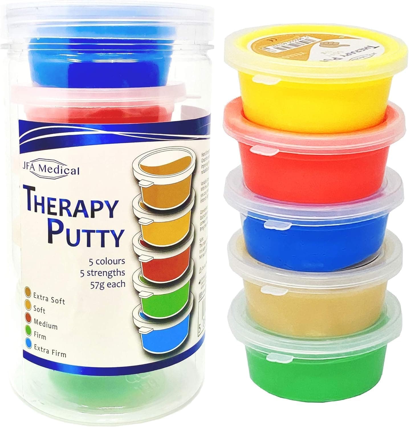 JFA Medical Therapy Exercise Putty 5 Strengths - Extra Soft, Soft, Medium, Firm, Extra Firm 57g Tubs